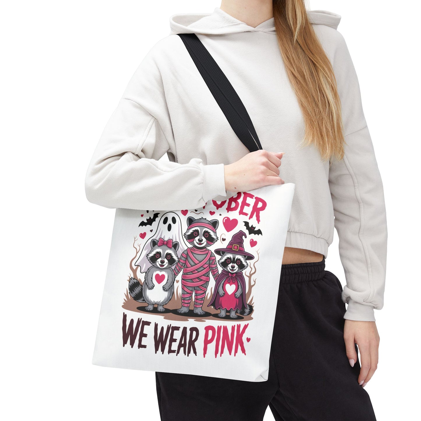 🎀 In October We Wear Pink Raccoon Halloween Tote Bag – Spooky Cute Awareness Style 🦝👜
