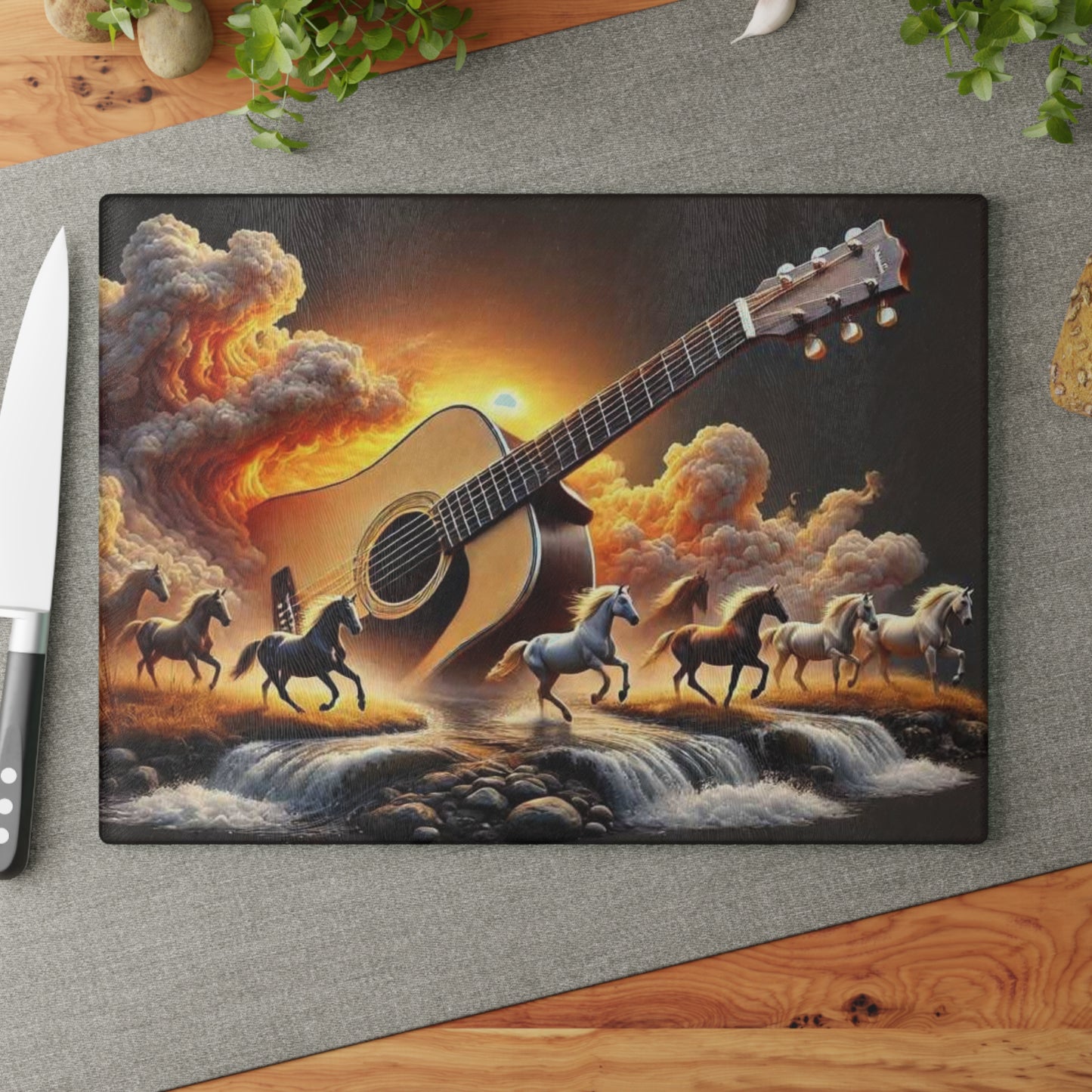Horse and Guitar, Rustic Decor, Horse Lover Gifts, Music Kitchen Accessories, Glass Cutting Board, Country Home Decor, Rustic Cutting Board