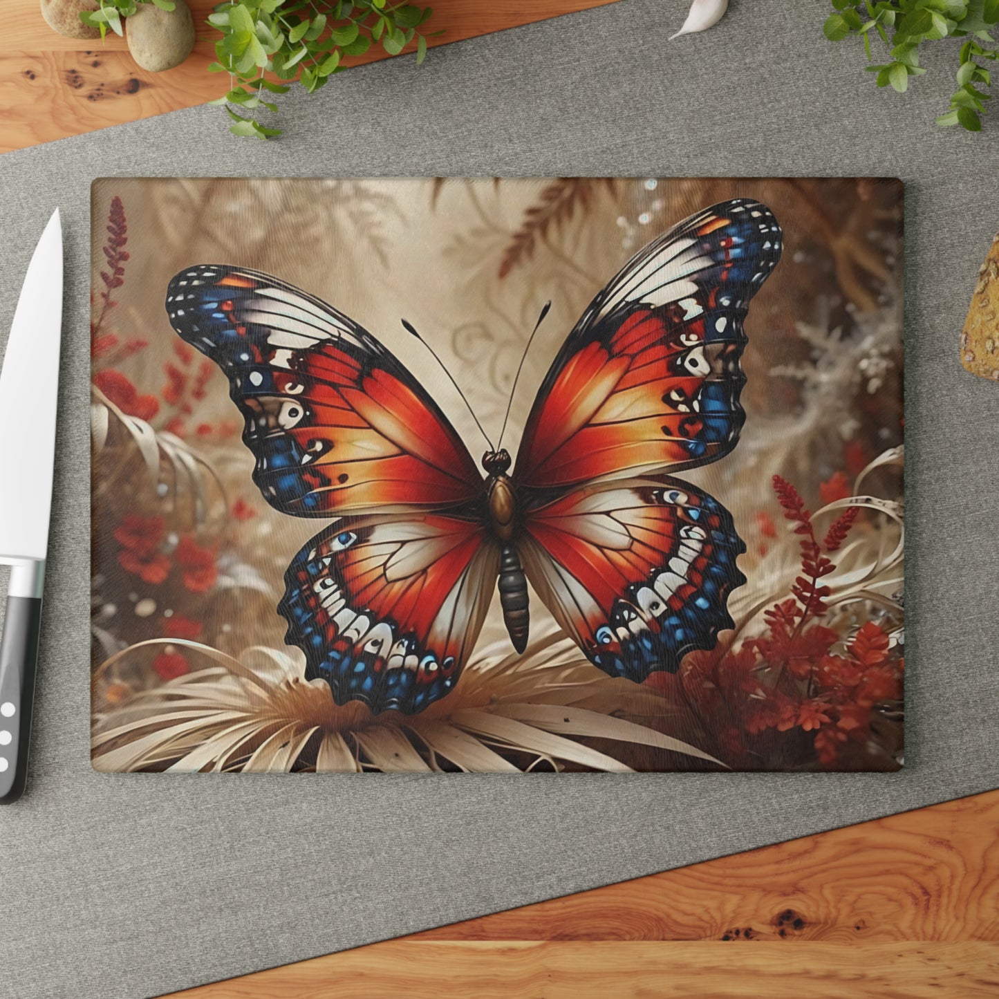 Hermosa tabla de cortar de vidrio con forma de mariposa, decoración de mariposas, tabla de cortar, decoración de cocina, arte de cocina, tabla para servir, regalo de pavo real, regalo de mariposa, tabla de cortar floral