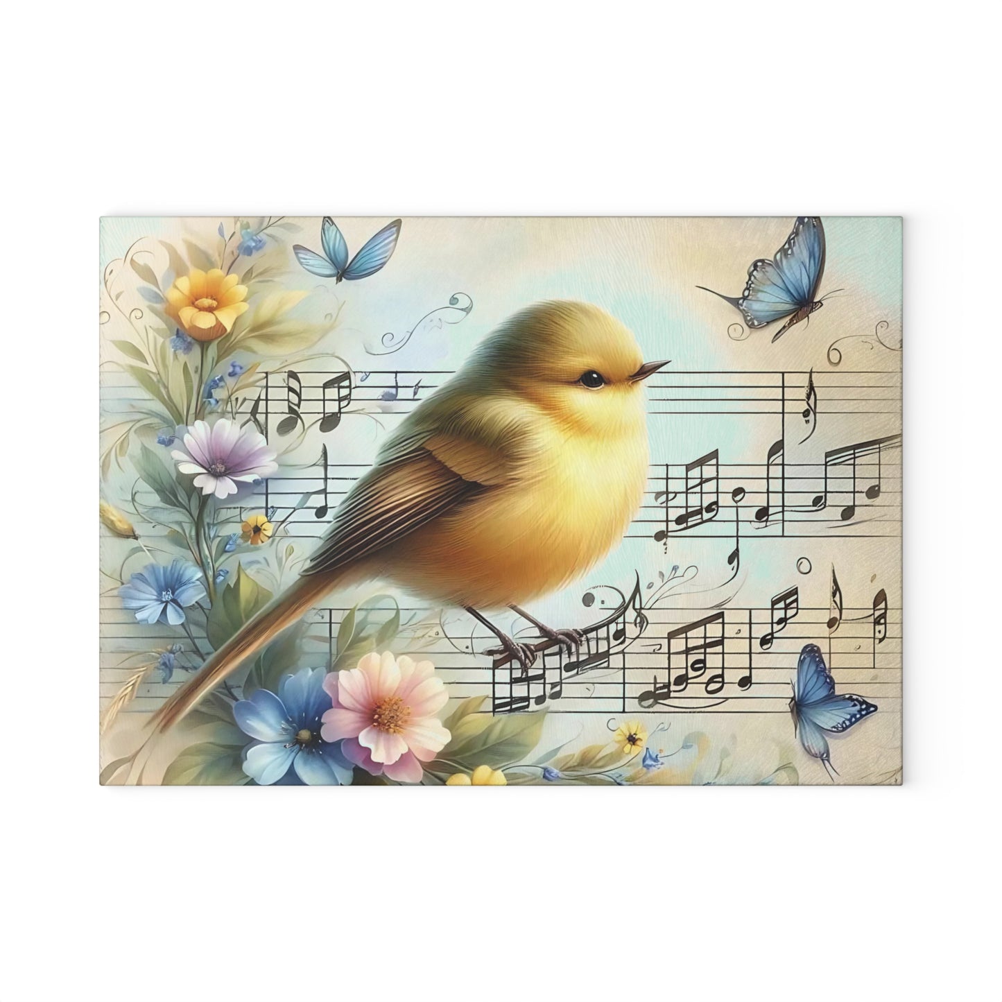 Tabla de cortar de vidrio templado con forma de pájaro rodeada de mariposas, flores y notas musicales.