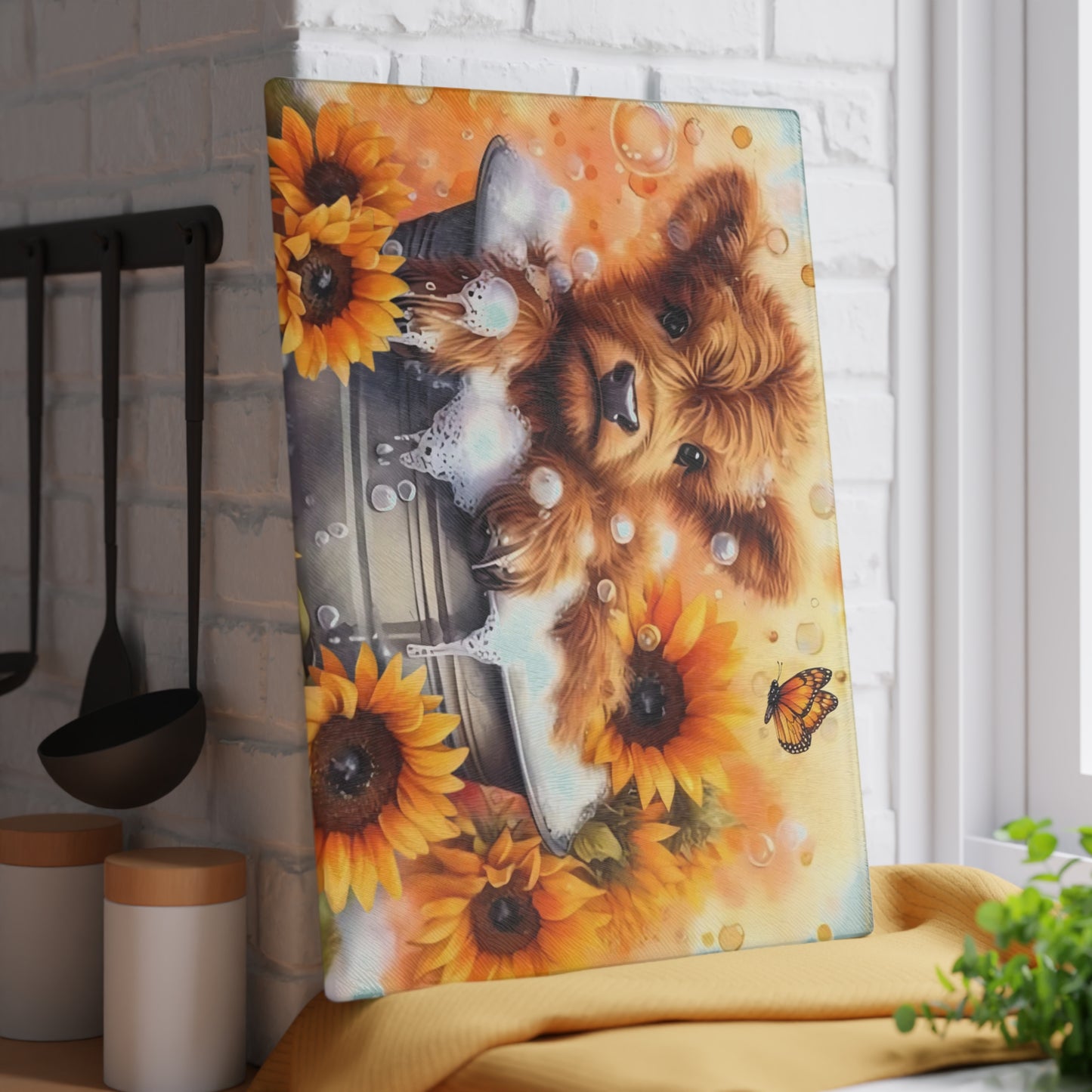 🐮🌻 Highland Calf Bubble Bath Cutting Board – Farmhouse Fun with a Sunny Twist