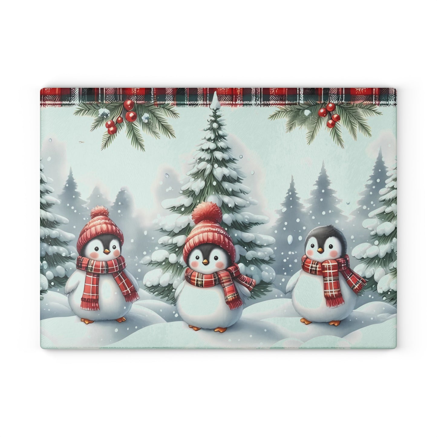 🐧🎄 Winter Penguin Wonderland Cutting Board – Festive Holiday Kitchen Décor with Plaid Accents ❄️✨