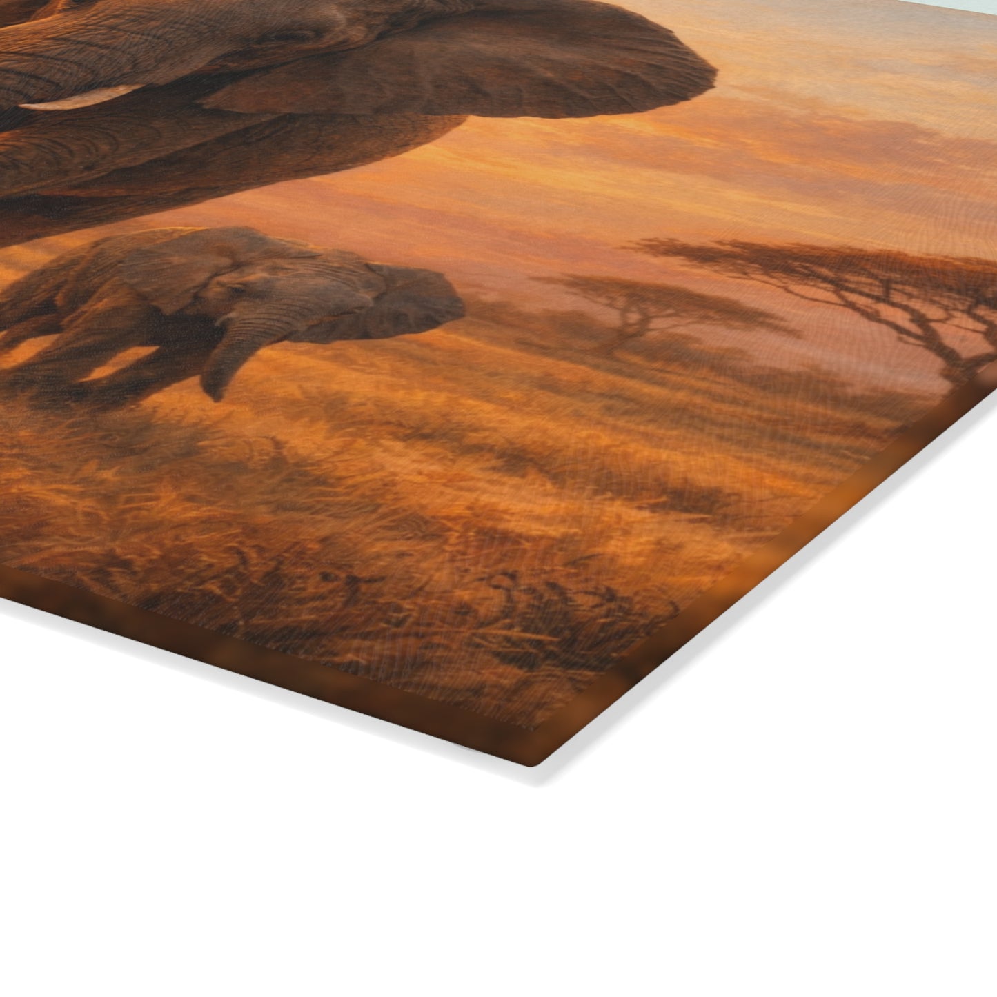 Elephant Family Sunset Safari Glass Cutting Board – Majestic Wildlife Landscape Kitchen Art