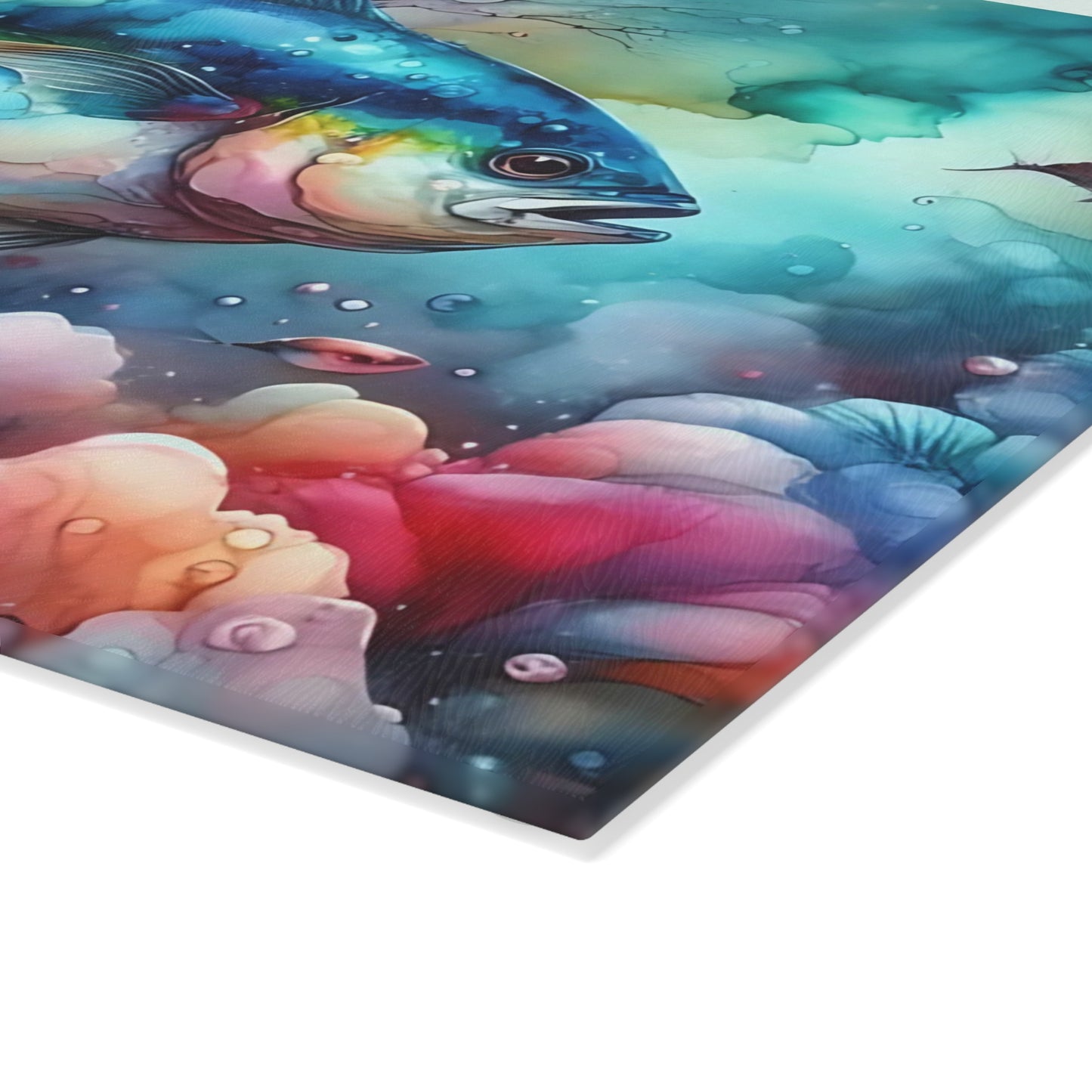 Tabla de cortar de vidrio con acuarela de atún: arte oceánico colorido para cocinas costeras y creativas