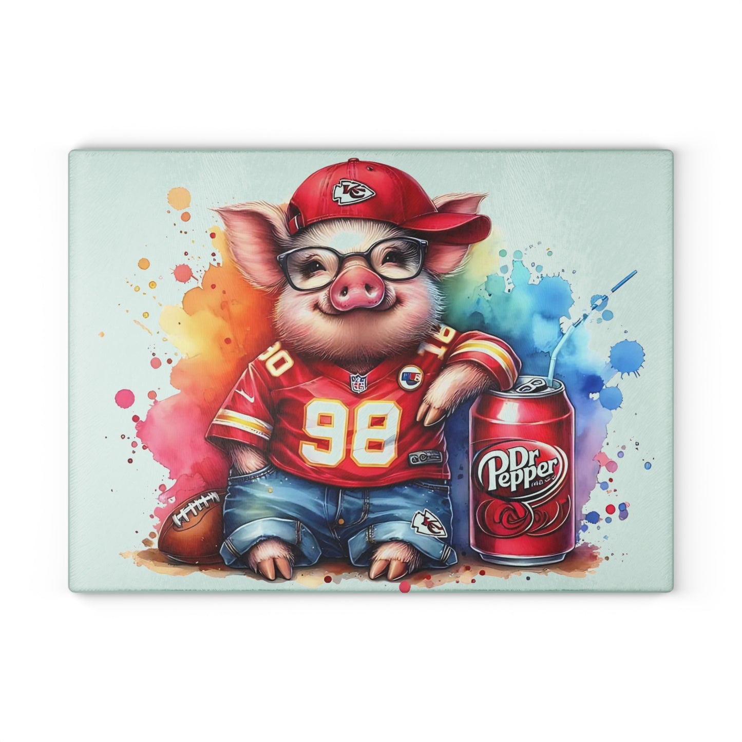 Tabla de cortar de vidrio con diseño de cerdo Jersey rojo y salpicaduras de arcoíris: un estilo de charcutería divertido y colorido para cocinas vibrantes