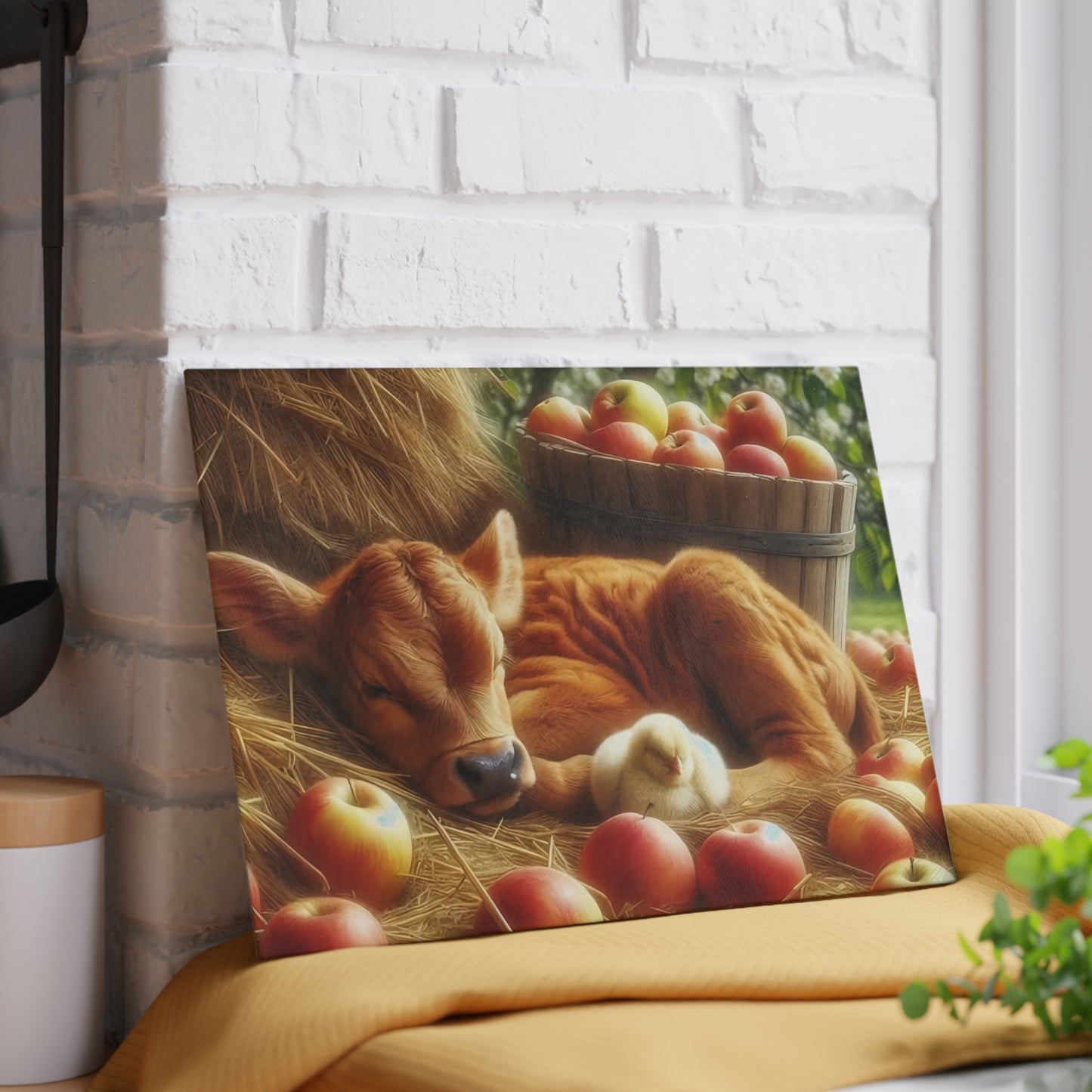 Tabla de cortar con diseño de vaca y pollito en heno con manzanas, regalo único, tabla de cortar de vidrio, tabla de charcutería, tabla de cortar personalizada