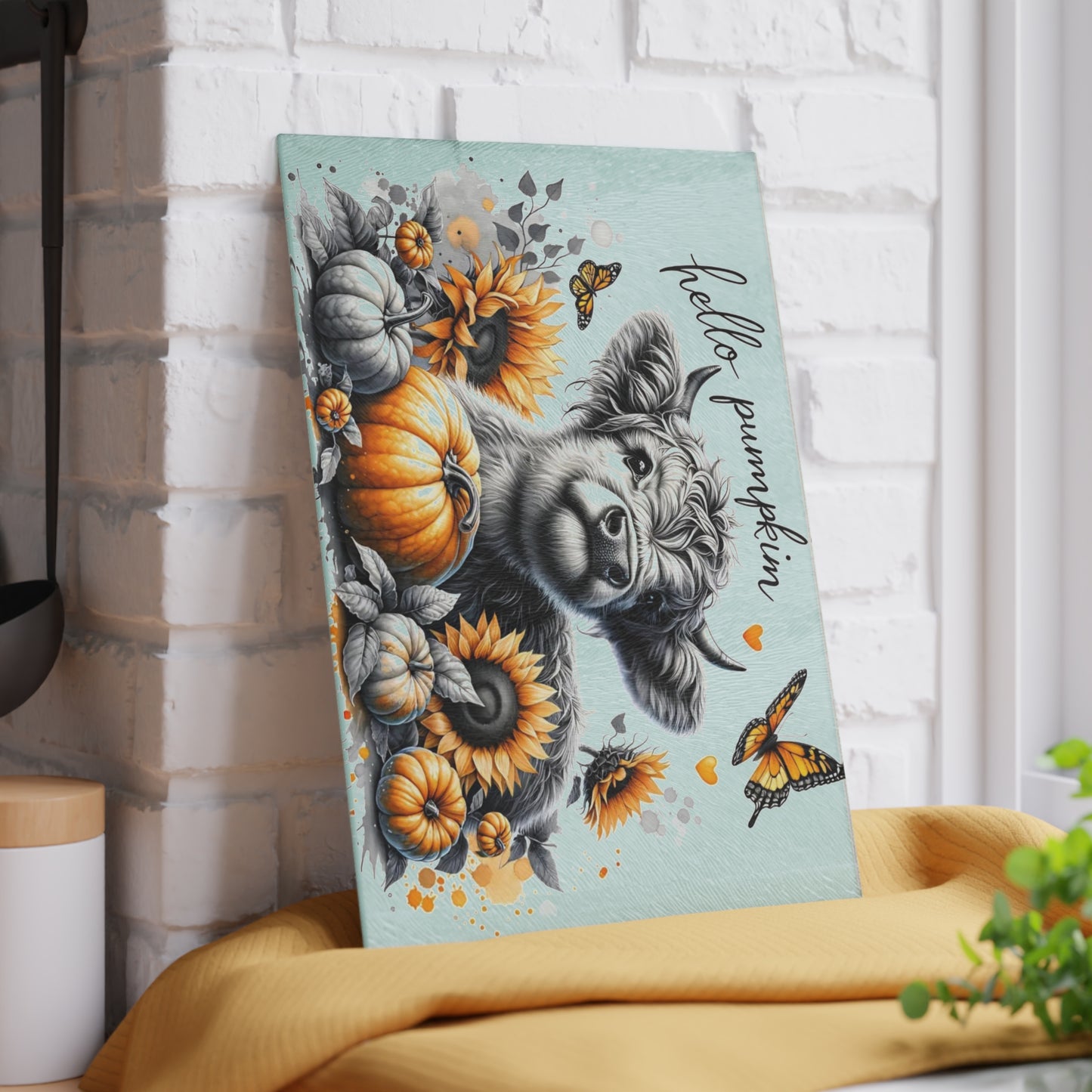 🐮🎃 Hello Pumpkin Highland Cow Cutting Board – Autumn Charm with Sunflowers & Butterflies 🍂🦋
