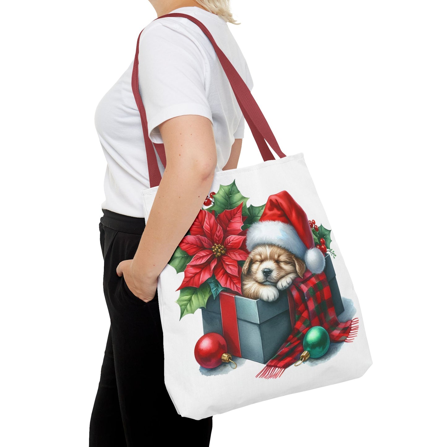 🎁 Sleeping Puppy in Gift Box Christmas Tote – Cozy Holiday Charm for Dog Lovers 🐾