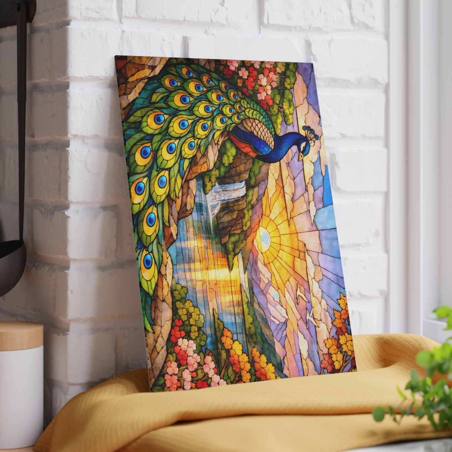 Stained Glass Style Peacock Landscape Glass Cutting Board – Colorful Nature Art Kitchen Decor