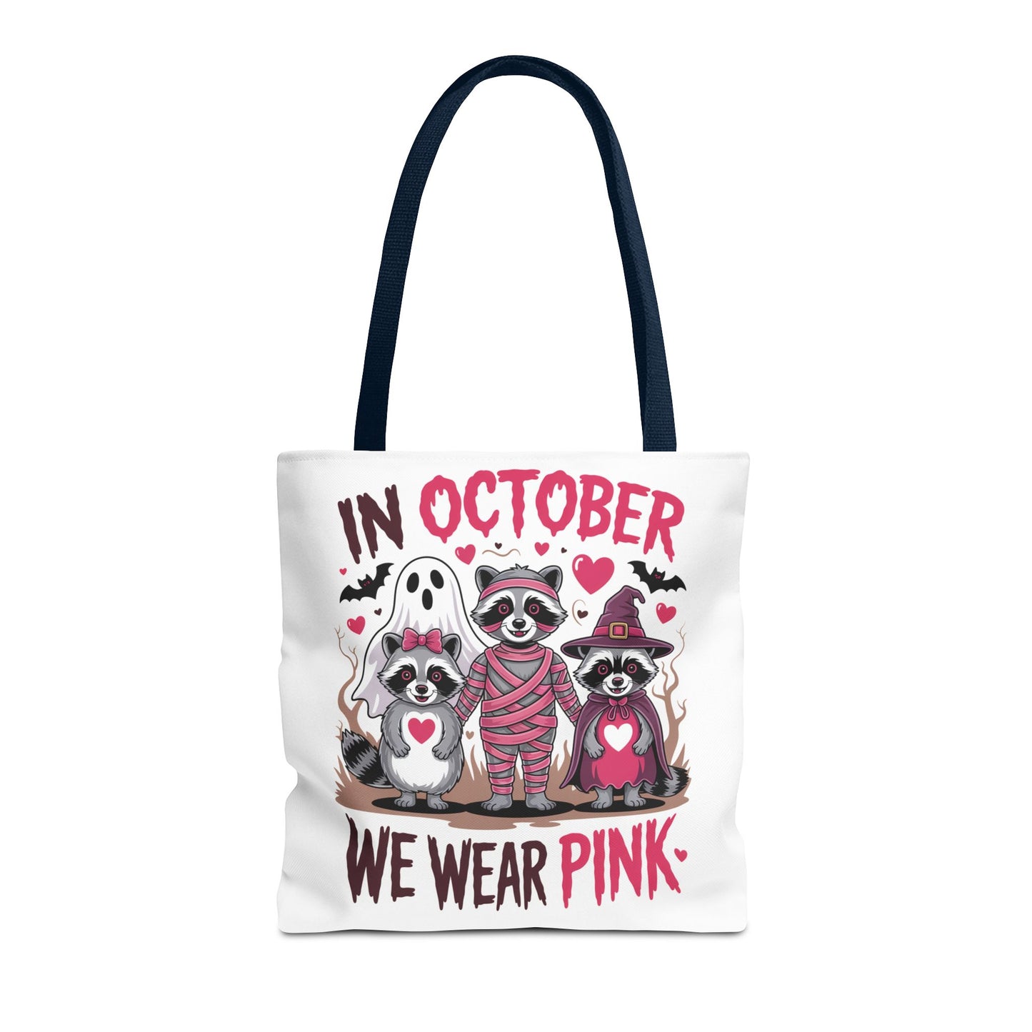 🎀 In October We Wear Pink Raccoon Halloween Tote Bag – Spooky Cute Awareness Style 🦝👜