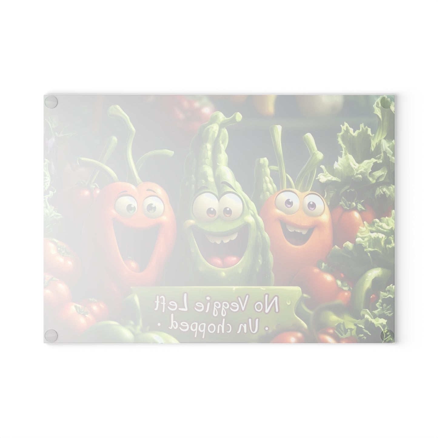 Tabla de cortar de vidrio “Ninguna verdura sin picar” – Humor de cocina con verduras que ríen 😆🍅
