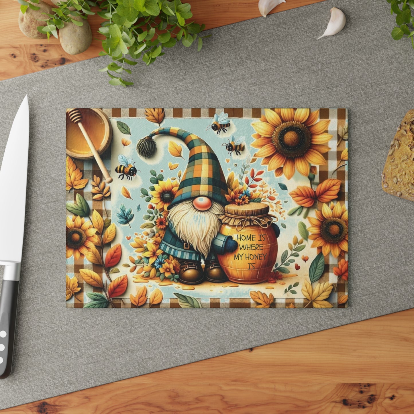 🐝🌻 “Home Is Where My Honey Is” Gnome Glass Cutting Board – Sunny Cheer for Your Kitchen