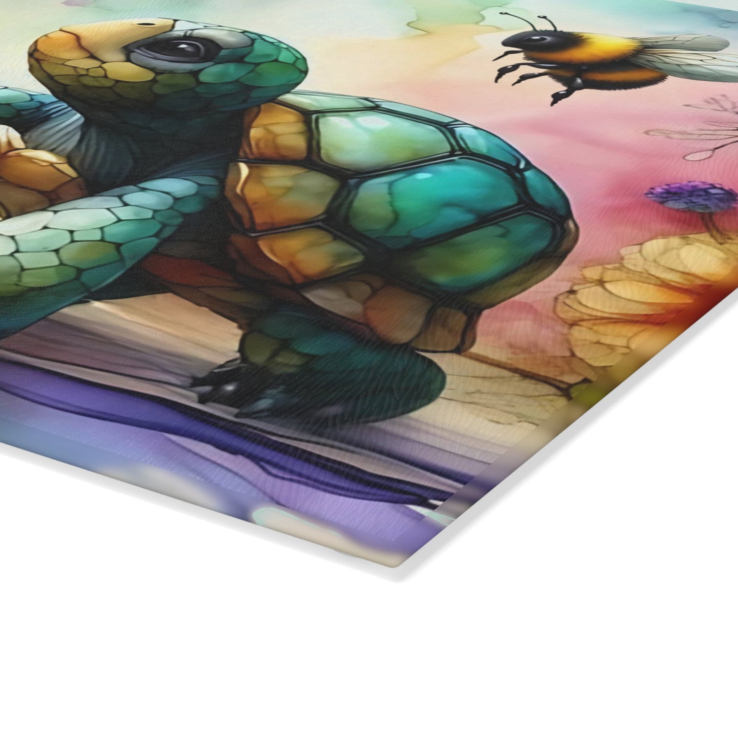 Tortoise & Bee Glass Cutting Board – Floral Wildlife Kitchen Decor