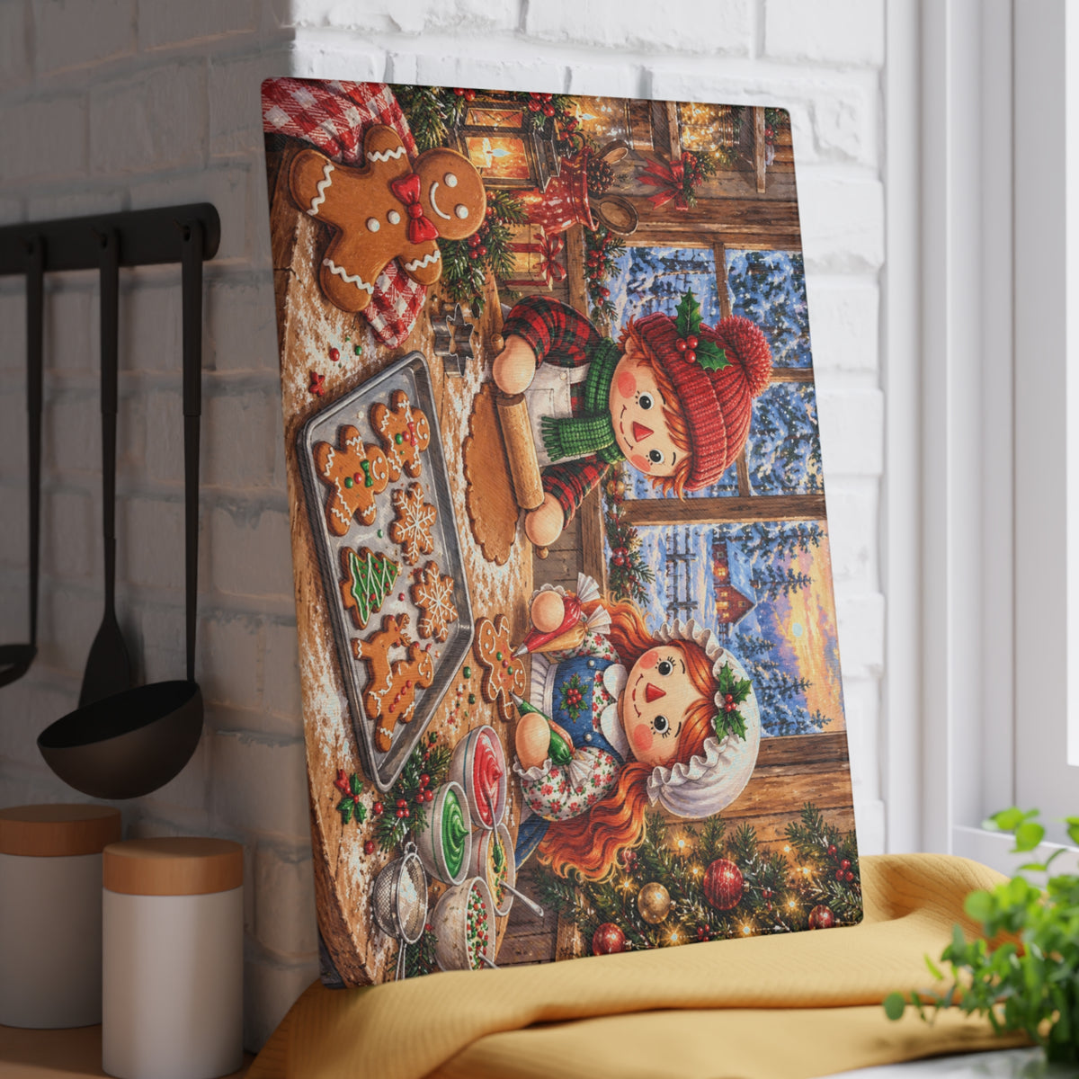 Christmas Gingerbread Boy and Girl Baking Tempered Glass Cutting Board – Cozy Farmhouse Holiday Kitchen Art – 11 × 15 Inches