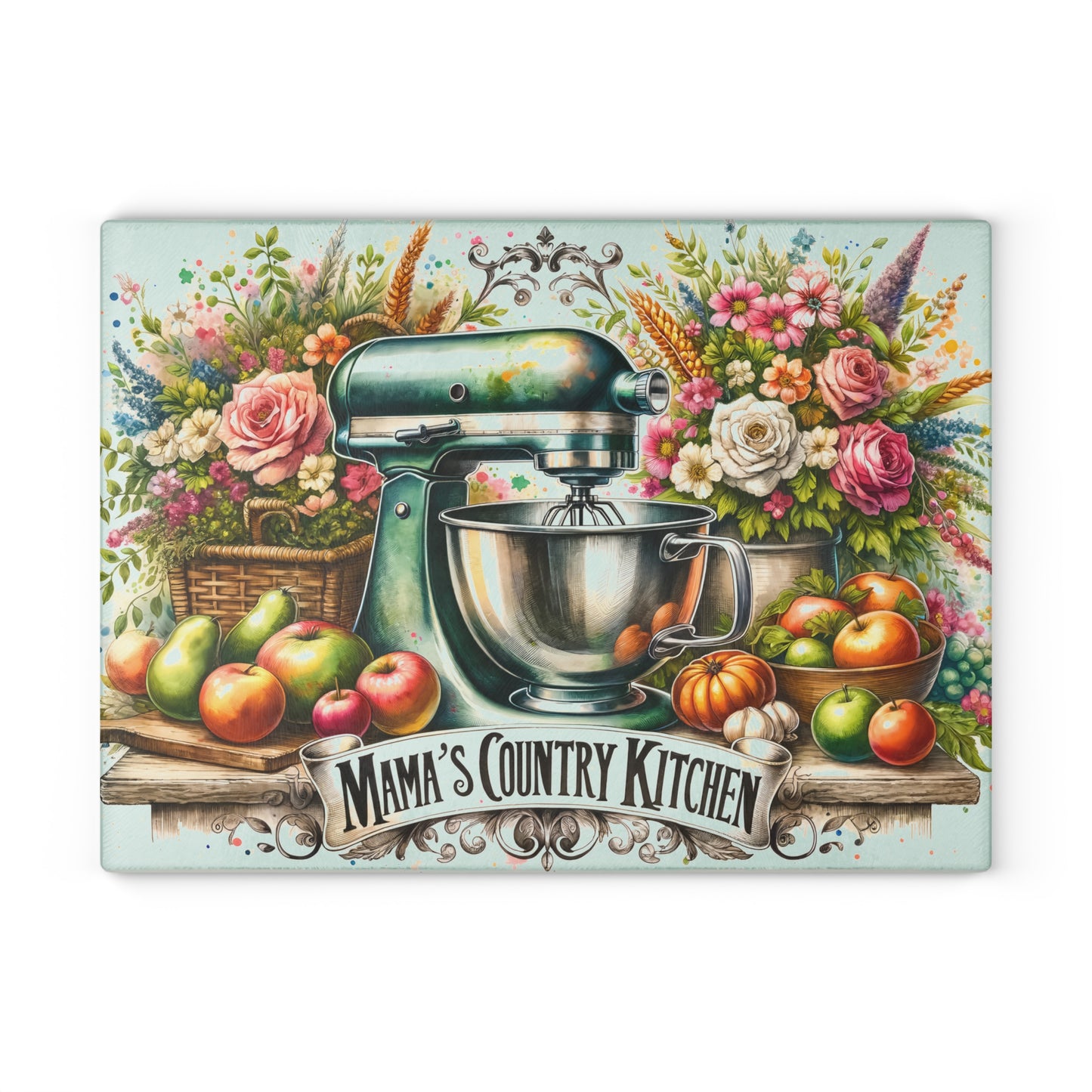 Tabla de cortar de cocina campestre de mamá: dije vintage para batidora con estilo floral campestre