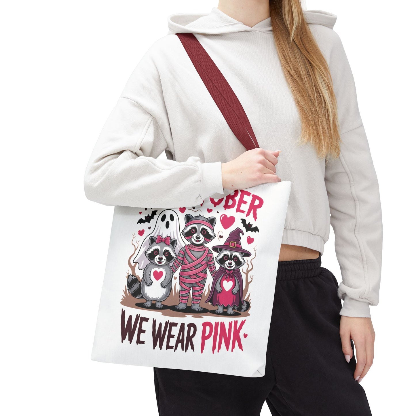 🎀 In October We Wear Pink Raccoon Halloween Tote Bag – Spooky Cute Awareness Style 🦝👜