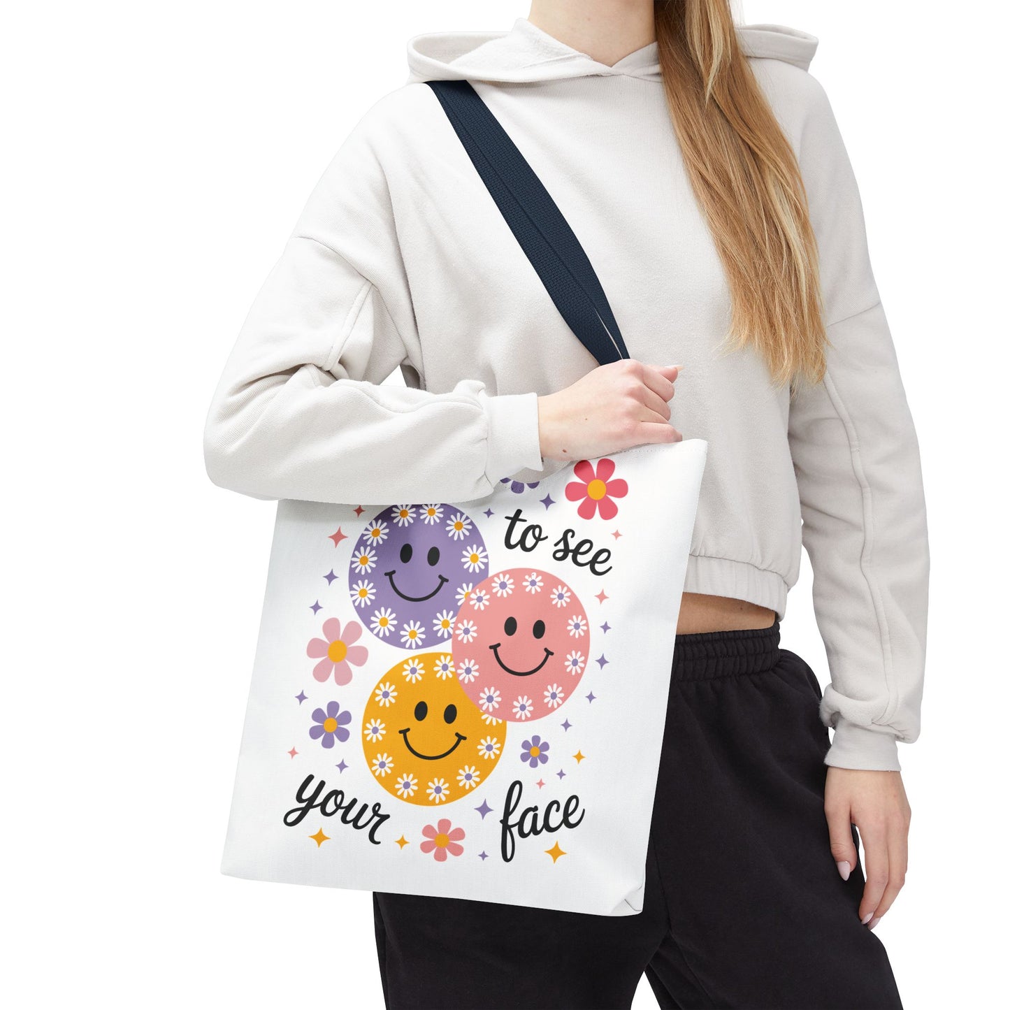 ๐ผ Happy Face Daisy Tote Bag โ Retro Smiles with Floral Charm ๐ธ
