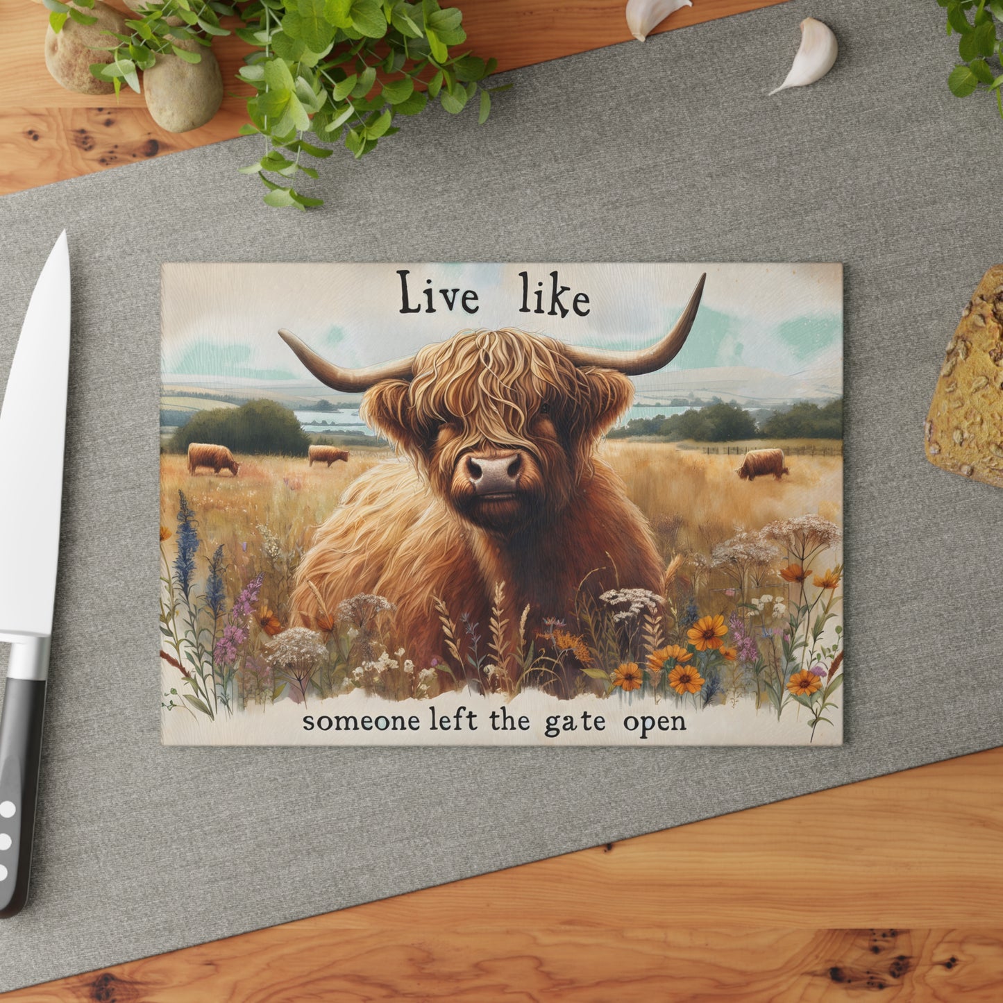 🐮 Highland Cow “Gate Open” Cutting Board – Rustic Charm with a Playful Twist