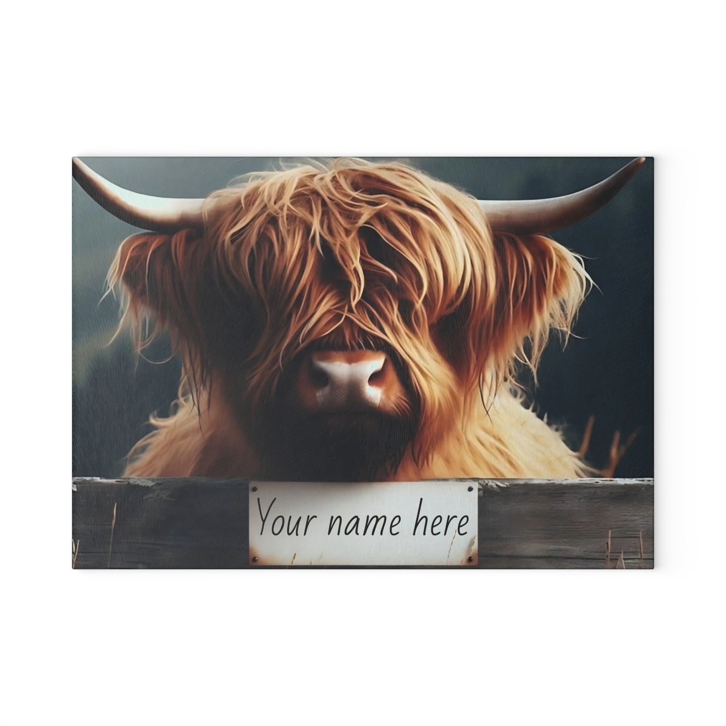 Highland Cow Over Fence Personalized Glass Cutting Board – Rustic Farmhouse Kitchen Decor, Glass Cutting Board – Western Farmhouse Decor, Country Kitchen Gift