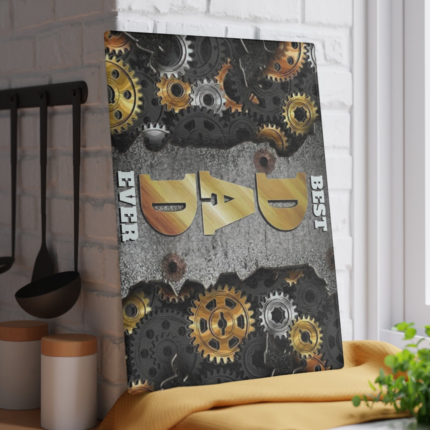 🍽️ BEST DAD EVER Glass Cutting Board – Industrial Gear Design