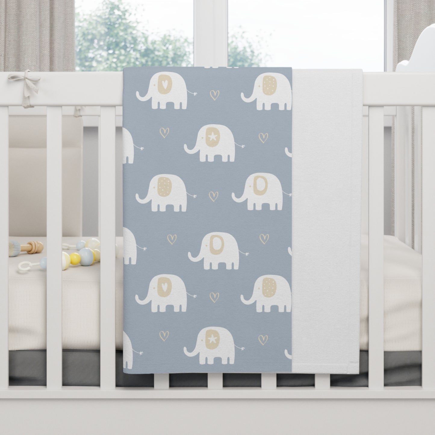 🐘 Dusty Blue Elephants Baby Blanket – Ultra-Soft Fleece 30″×40″ | Neutral Hearts & Cozy Snuggles