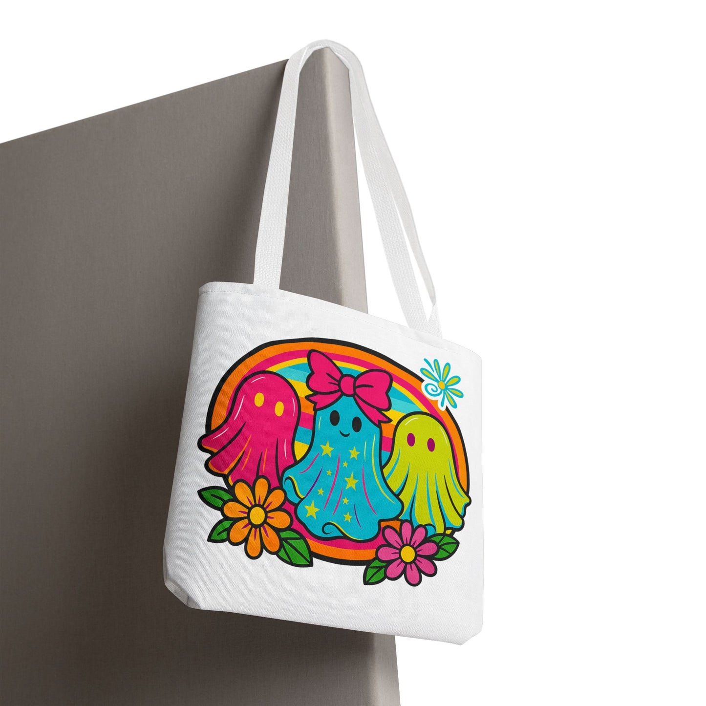 ๐ Retro Rainbow Ghosts Tote Bag โ Groovy Spooky Fun ๐ป๐