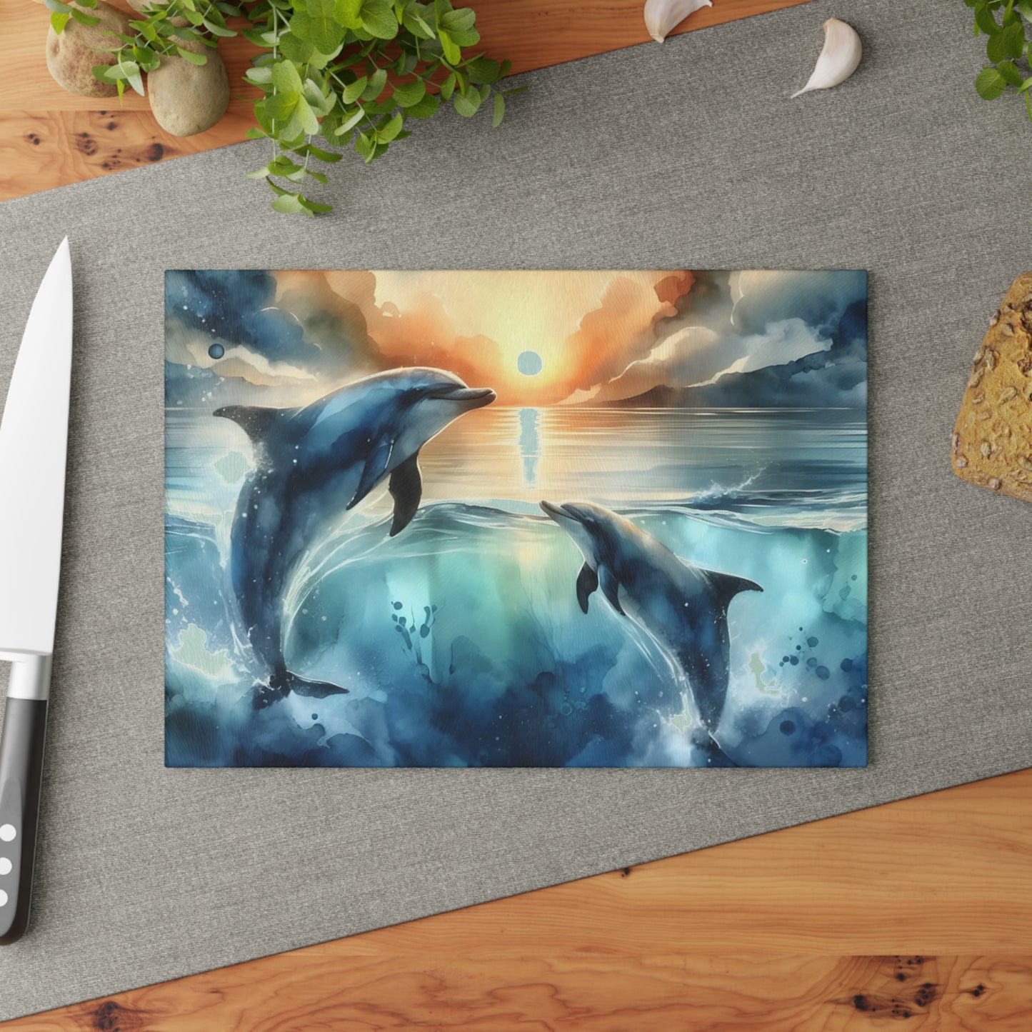 🌊🐬 Ocean Sunset Dolphins Cutting Board – Coastal Elegance for Your Kitchen 🐬🌊