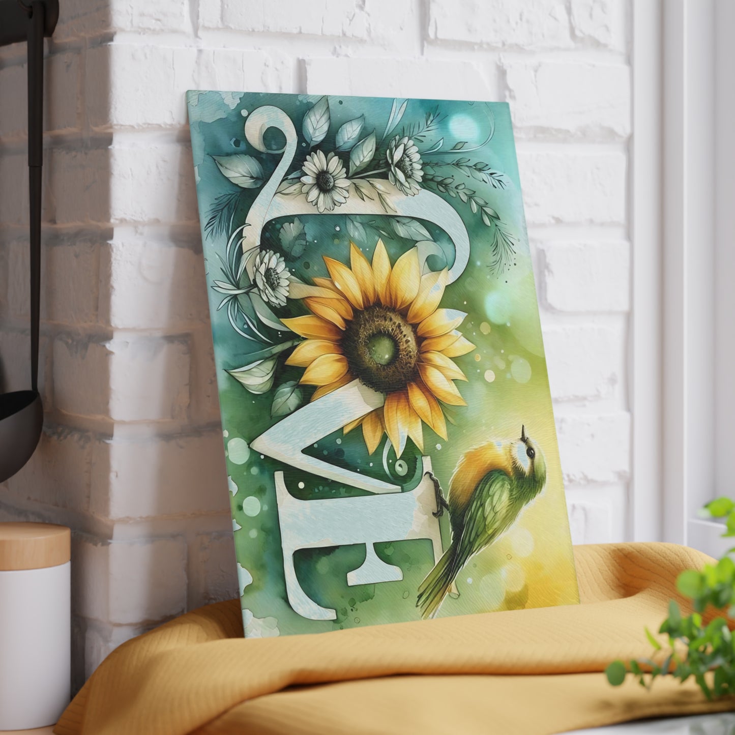 Tabla de cortar, diseño de amor con pájaros y girasoles, decoración de cocina, bandeja de vidrio para servir, regalo de inauguración de la casa, utensilio de cocina