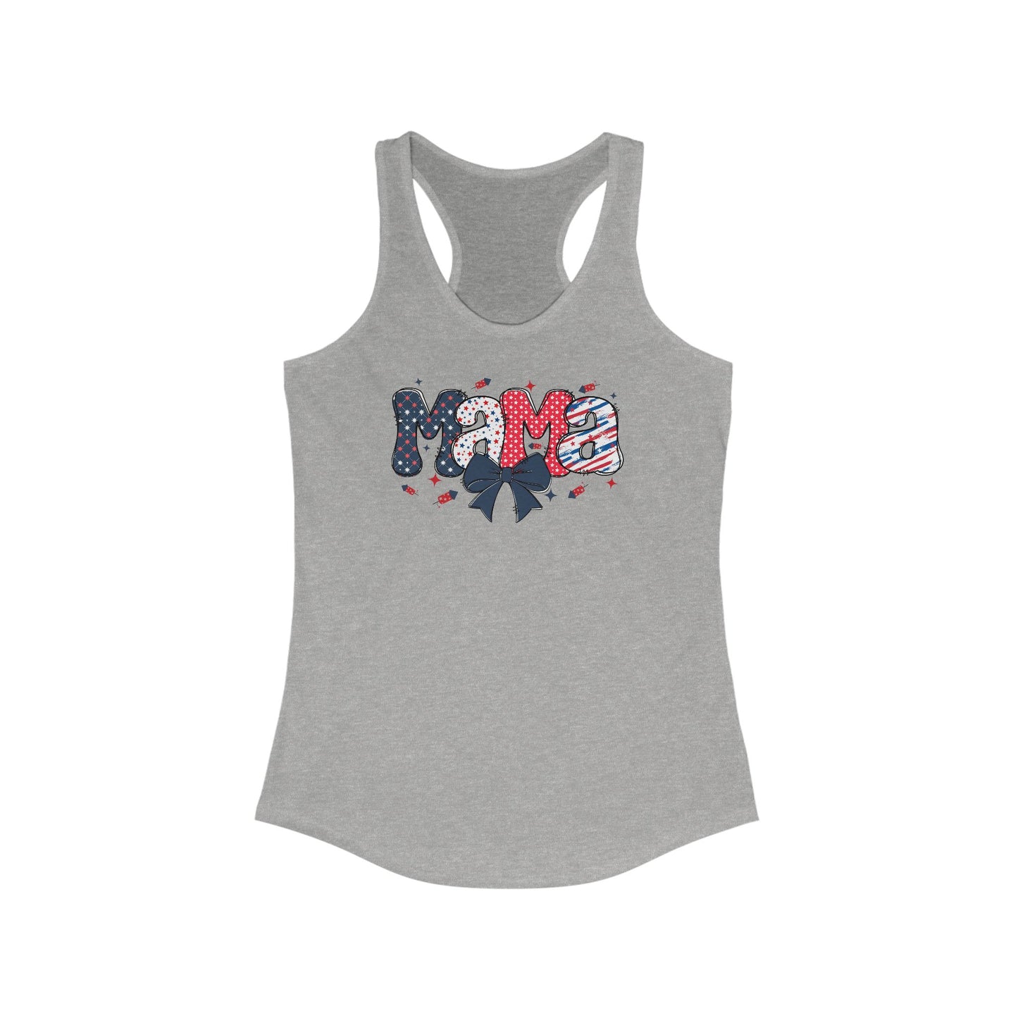 Camiseta de tirantes con espalda deportiva "Mamá Fuegos Artificiales" - Diseño patriótico del 4 de julio con lazo y gráficos de fuegos artificiales | Camiseta de tirantes de verano para mujer