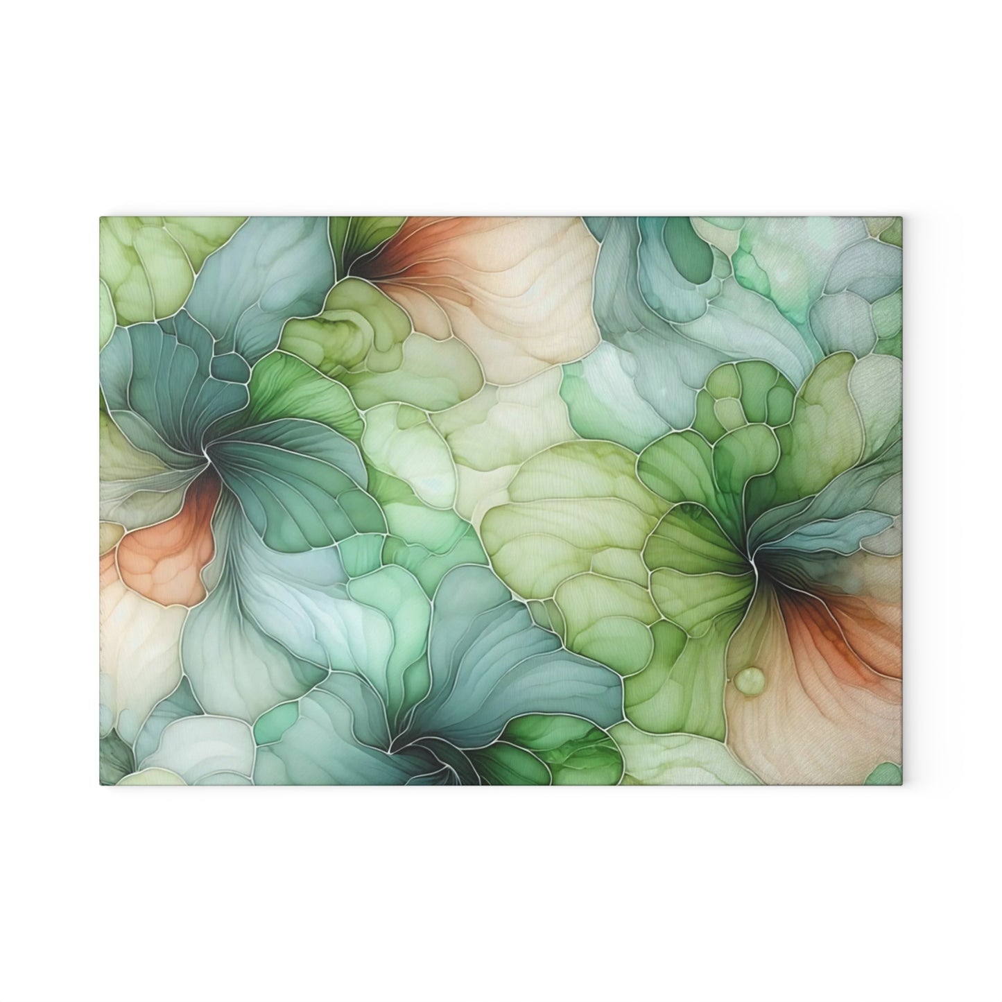 Tabla de cortar de vidrio abstracto en verde, óxido y verde azulado: elegancia y funcionalidad.
