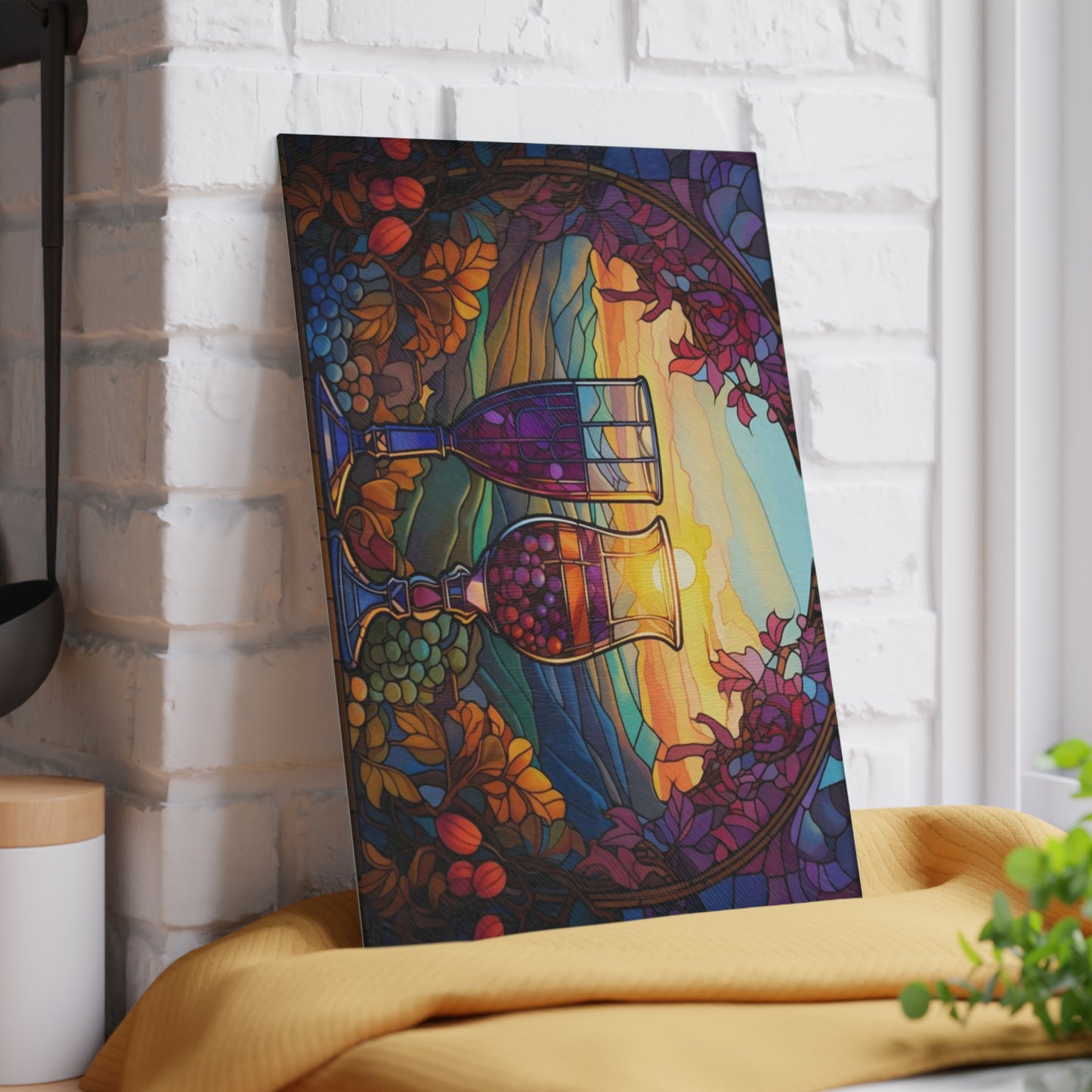 Tabla de cortar de vidrio templado con copas de vino de colores – Diseño Sunset Vineyard
