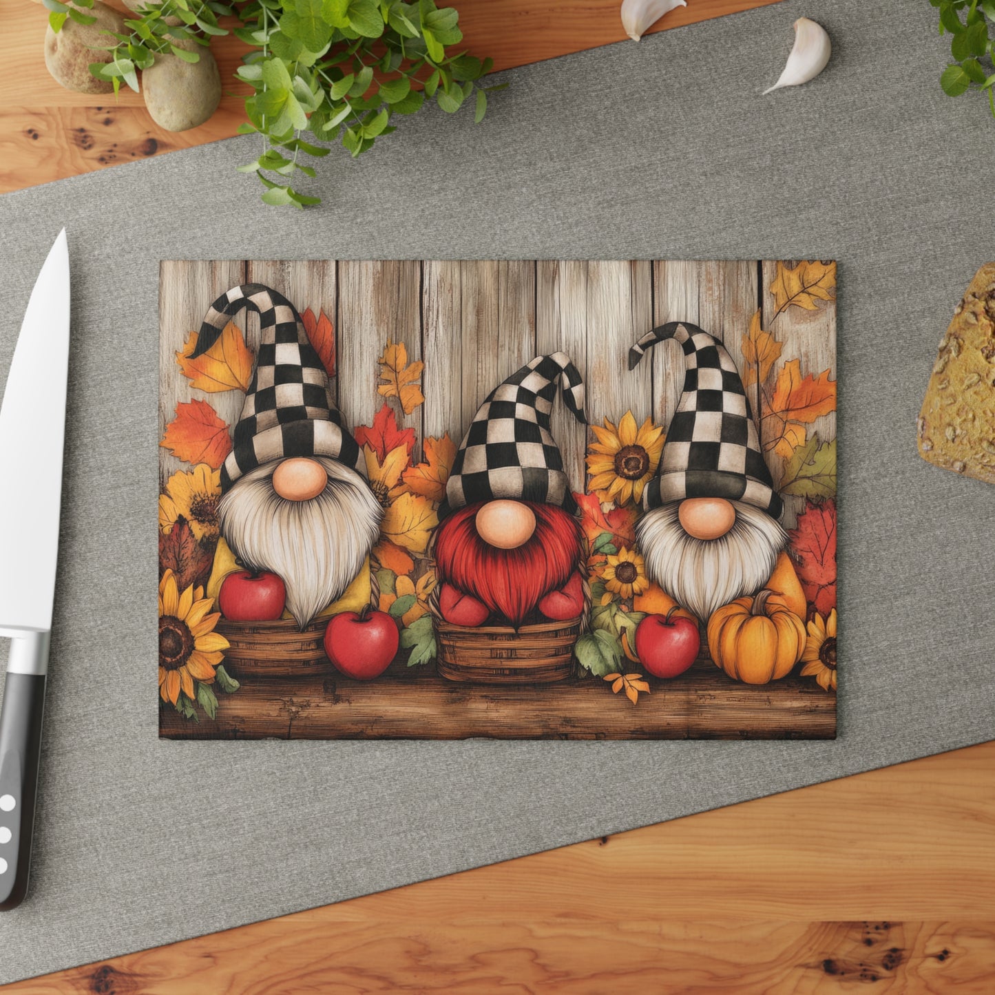 🍎 Fall Harvest Gnome Trio Cutting Board – Rustic Charm with Sunflowers, Apples & Checkered Hats 🍂🎃