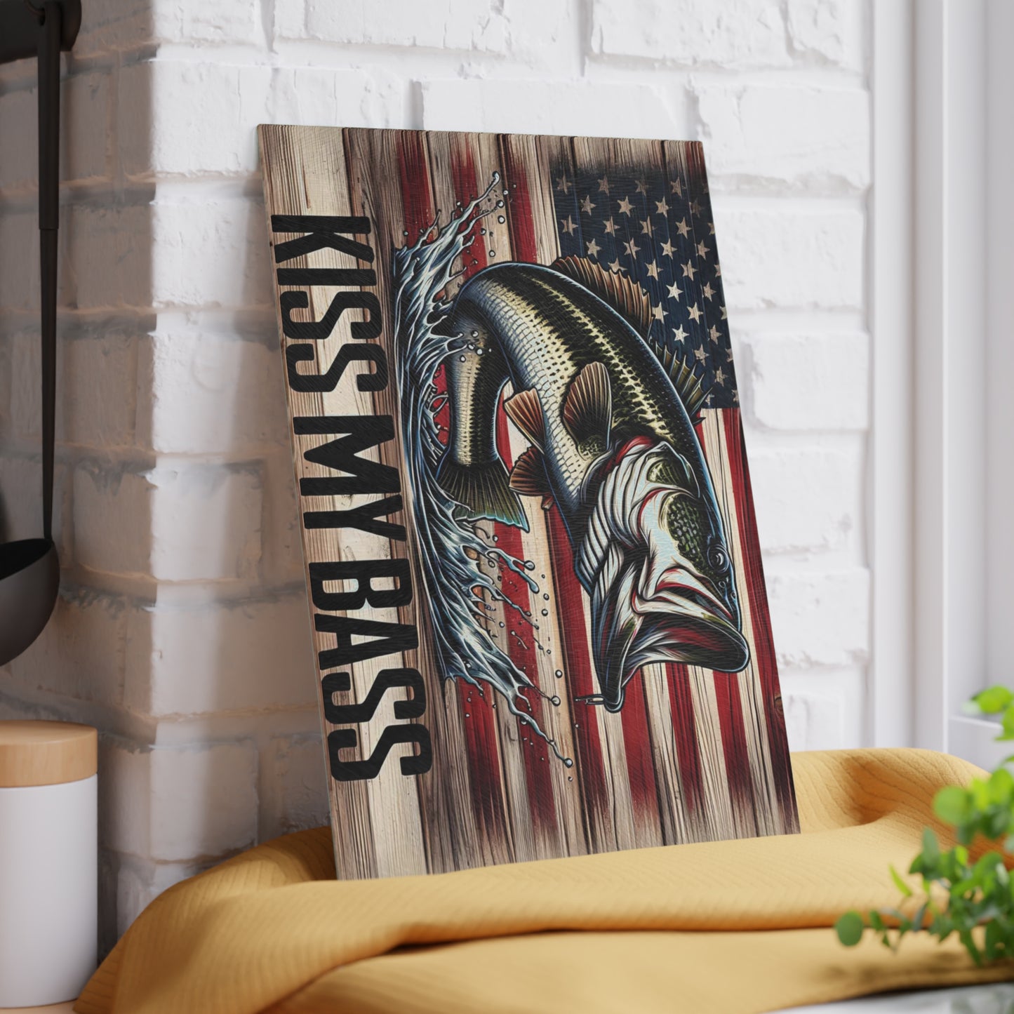 🎣Kiss My Bass Cutting Board – Patriotic Fishing Fun with Rustic American Flag 🪝🍺