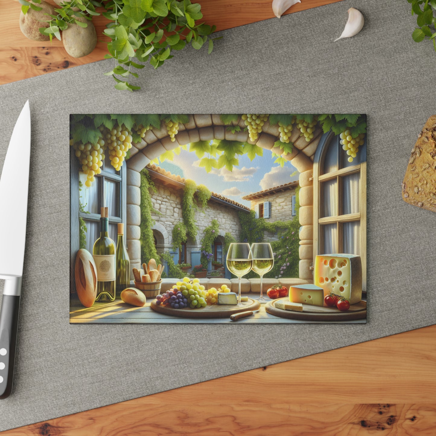 Tabla de cortar vino y queso Courtyard: Elegancia de viñedo europeo para tu cocina