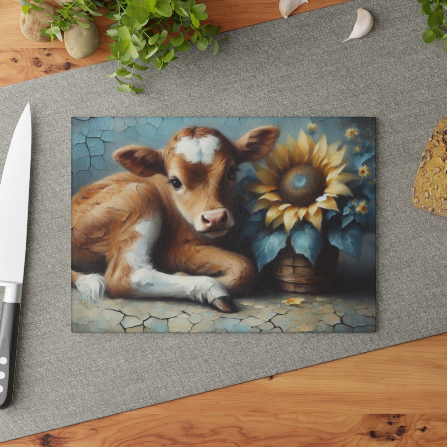 🌻 Sunflower Calf Glass Cutting Board – Rustic Farmhouse Charm for Your Kitchen