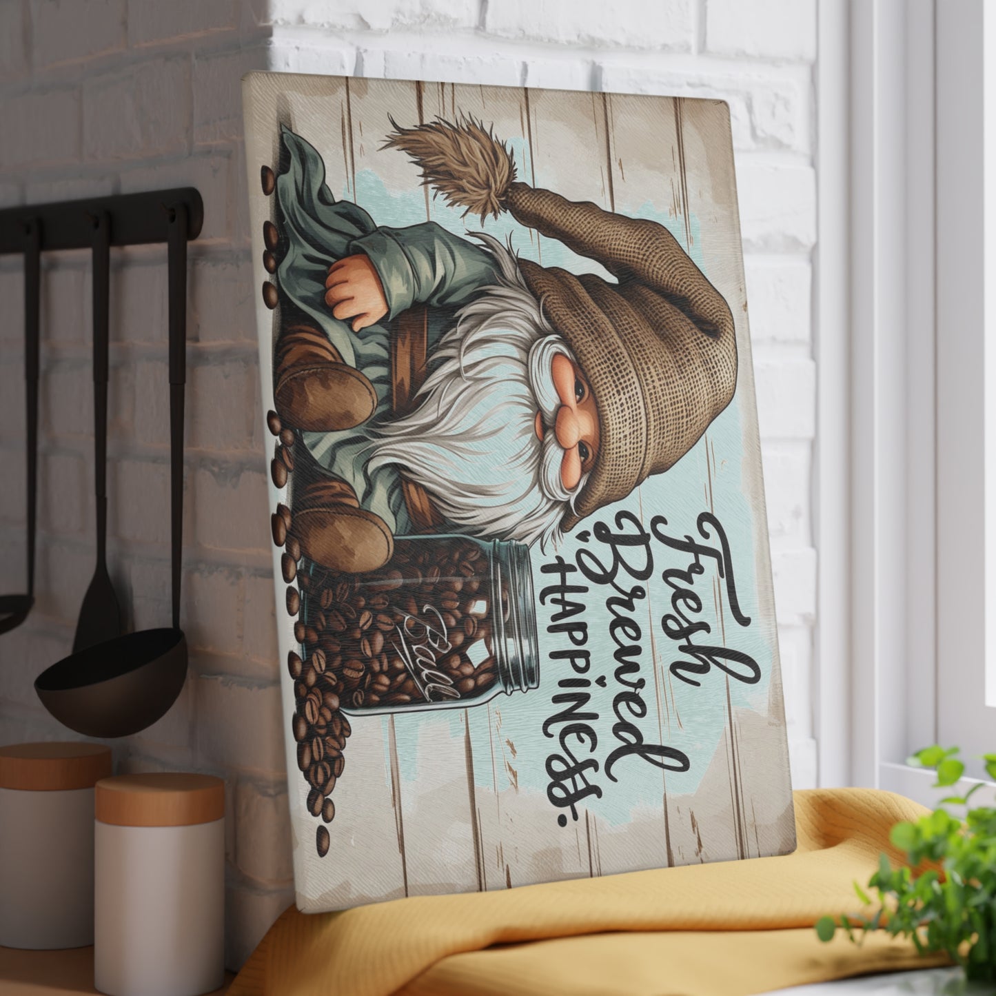 ☕🧙 Fresh Brewed Happiness Cutting Board – Rustic Coffee Gnome Kitchen Décor with Beans & Charm 🌿✨