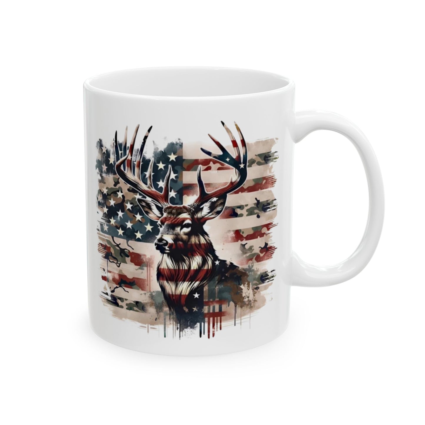 🦌USA Camo Flag Buck – Patriotic Hunting Coffee Mug (11oz & 15oz)