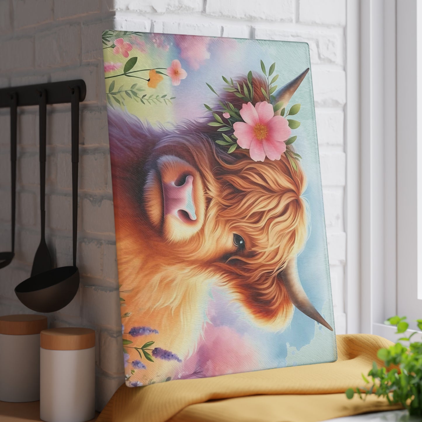 🐮 Highland Cow with Floral Crown – Rustic Farmhouse Glass Cutting Board