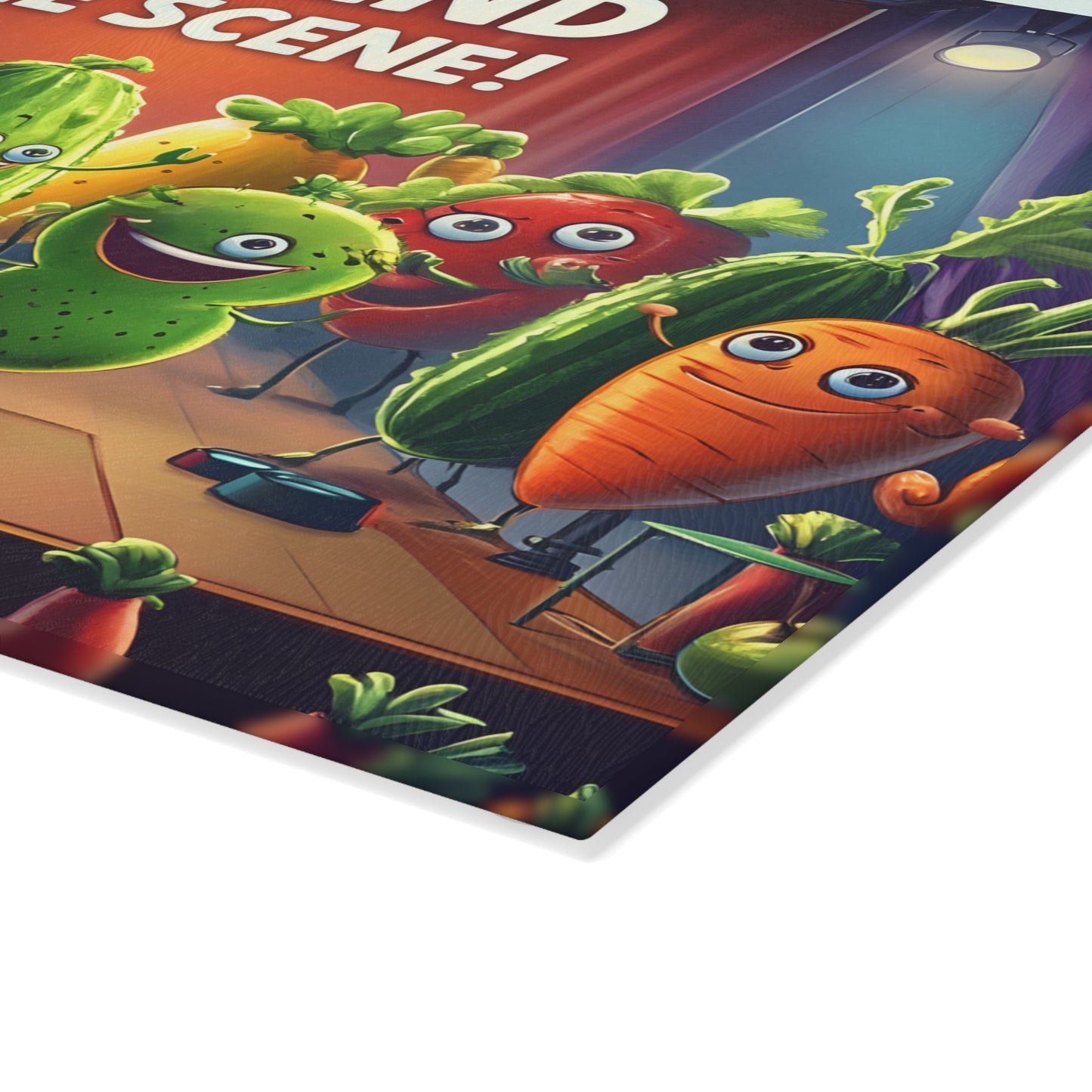 🎭🥦 “Behind the Scene!” Glass Cutting Board – Dancing Veggies Comedy Kitchen Decor 🌟🍅