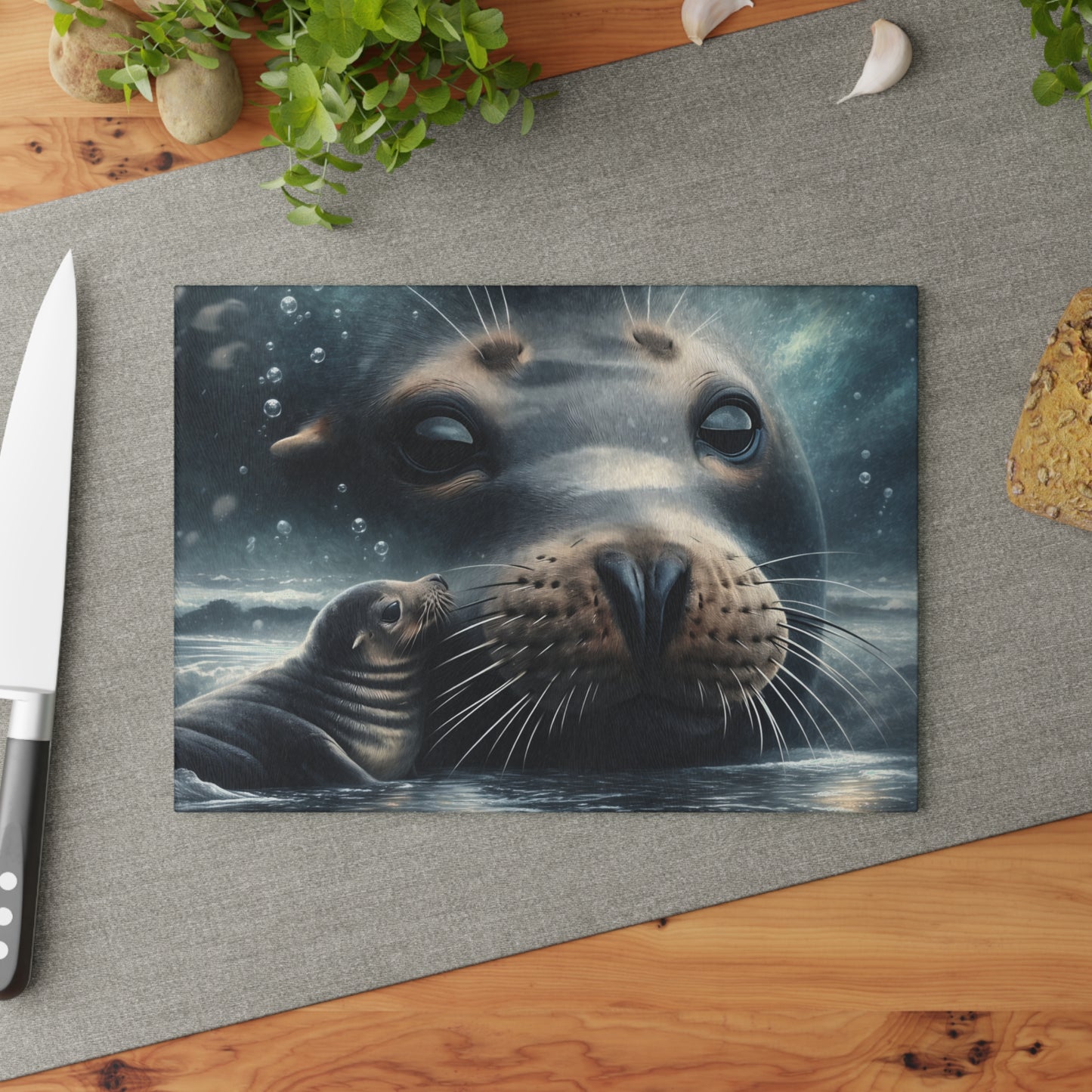 Gentle Harbor Glass Cutting Board – Mother Seal & Pup Ocean Artwork