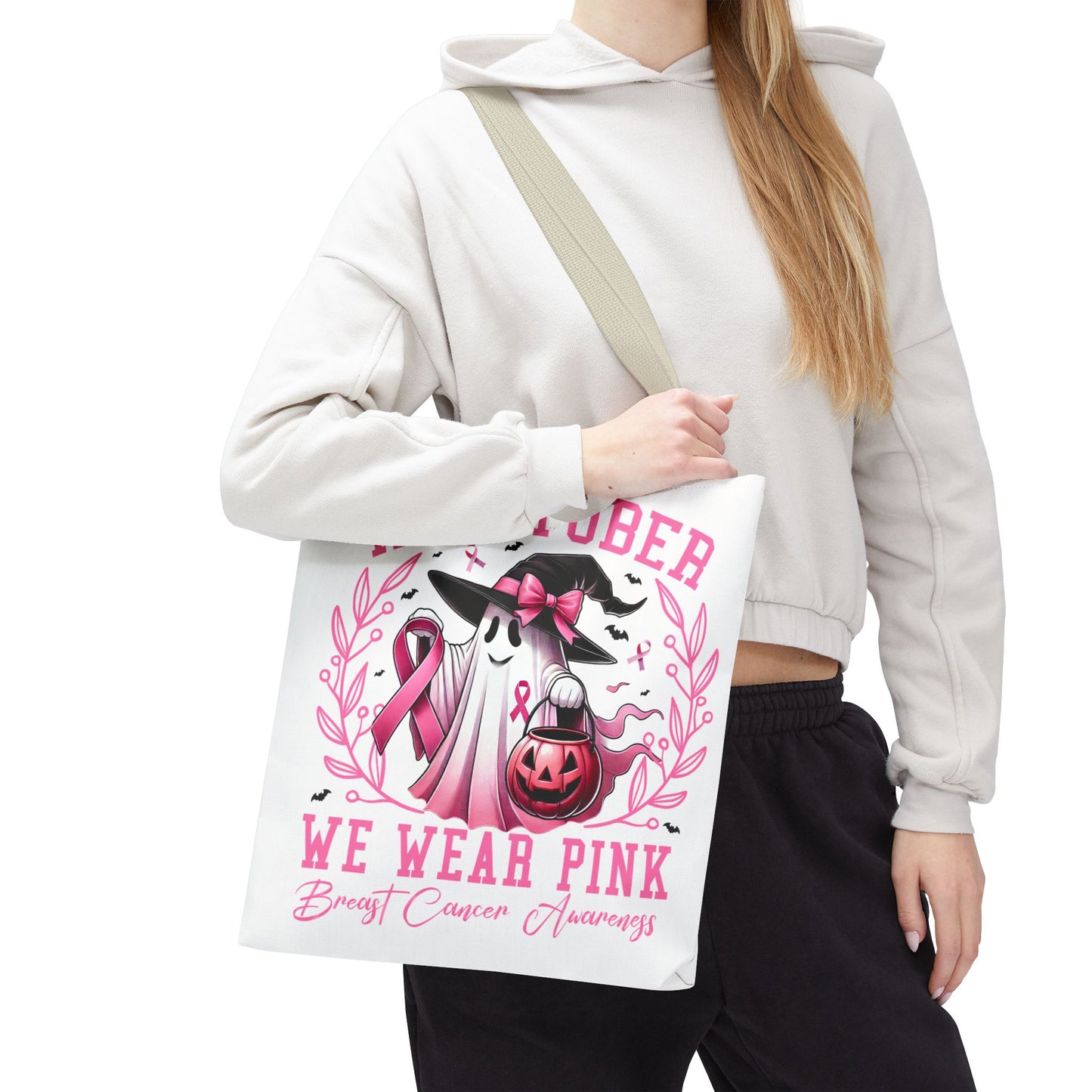 🎀 In October We Wear Pink Tote Bag – Breast Cancer Awareness with Spooky Charm 🎃