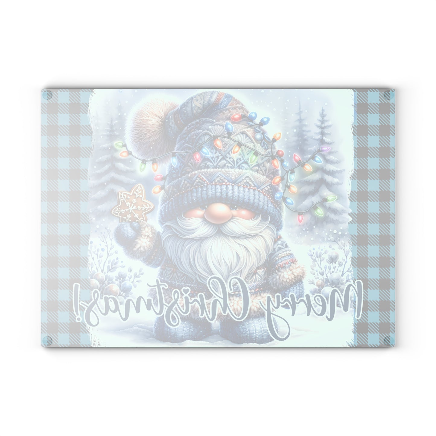 🎄 Blue Plaid Christmas Gnome Cutting Board – Cozy Holiday Charm with Festive Lights & Gingerbread Magic ❄️