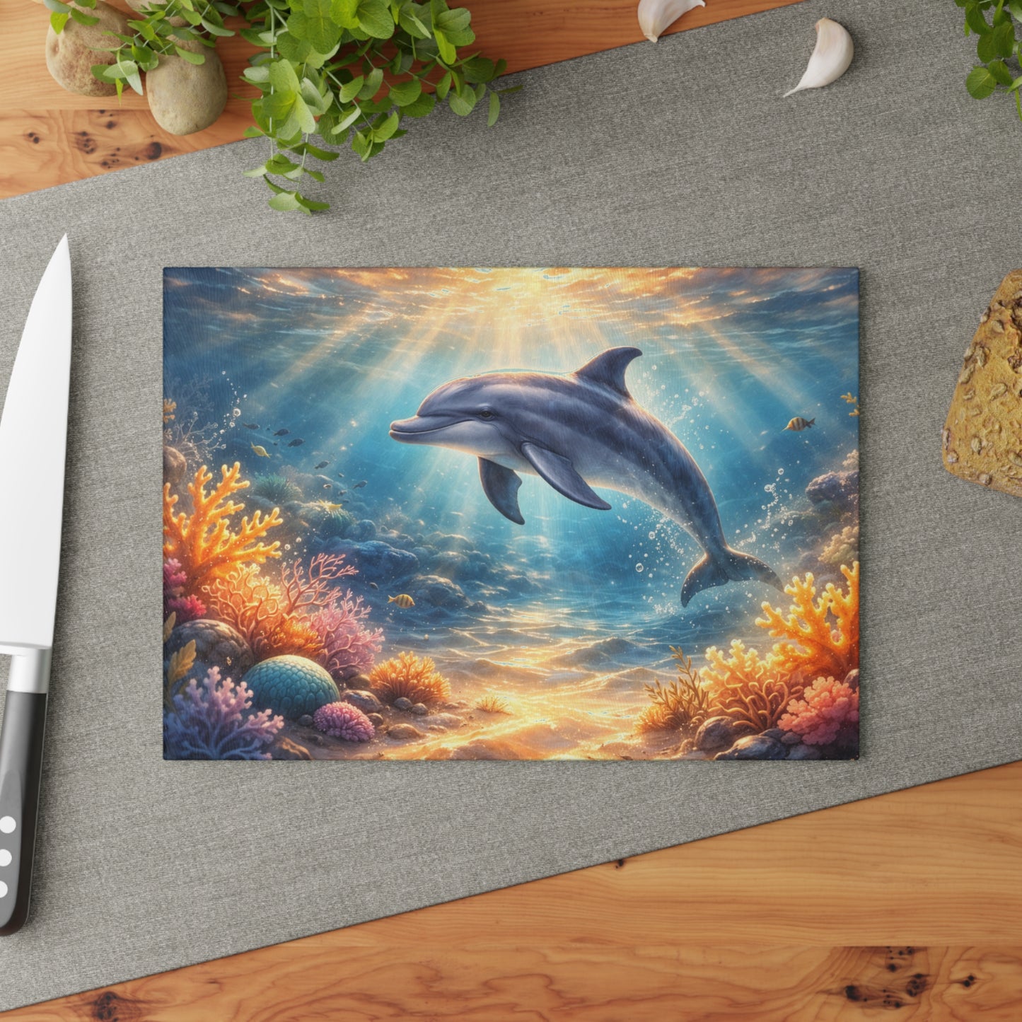 Sunlit Dolphin Glass Cutting Board – Serene Ocean Reef Artwork