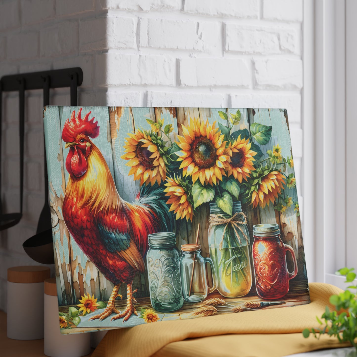 🐓 Rustic Rooster & Sunflowers Cutting Board – Farmhouse Mason Jar Kitchen Art