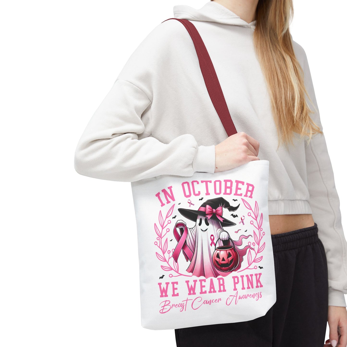 🎀 In October We Wear Pink Tote Bag – Breast Cancer Awareness with Spooky Charm 🎃