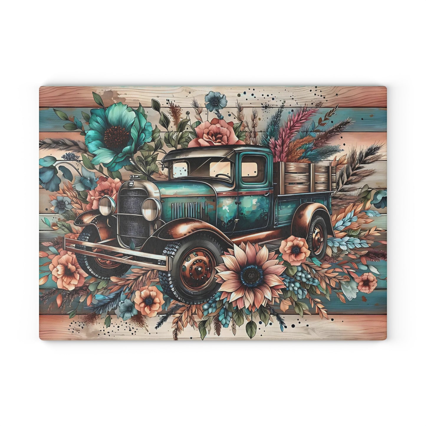 🚜🌸 Vintage Teal Farm Truck Cutting Board – Rustic Charm with Floral Elegance 🌻🌿