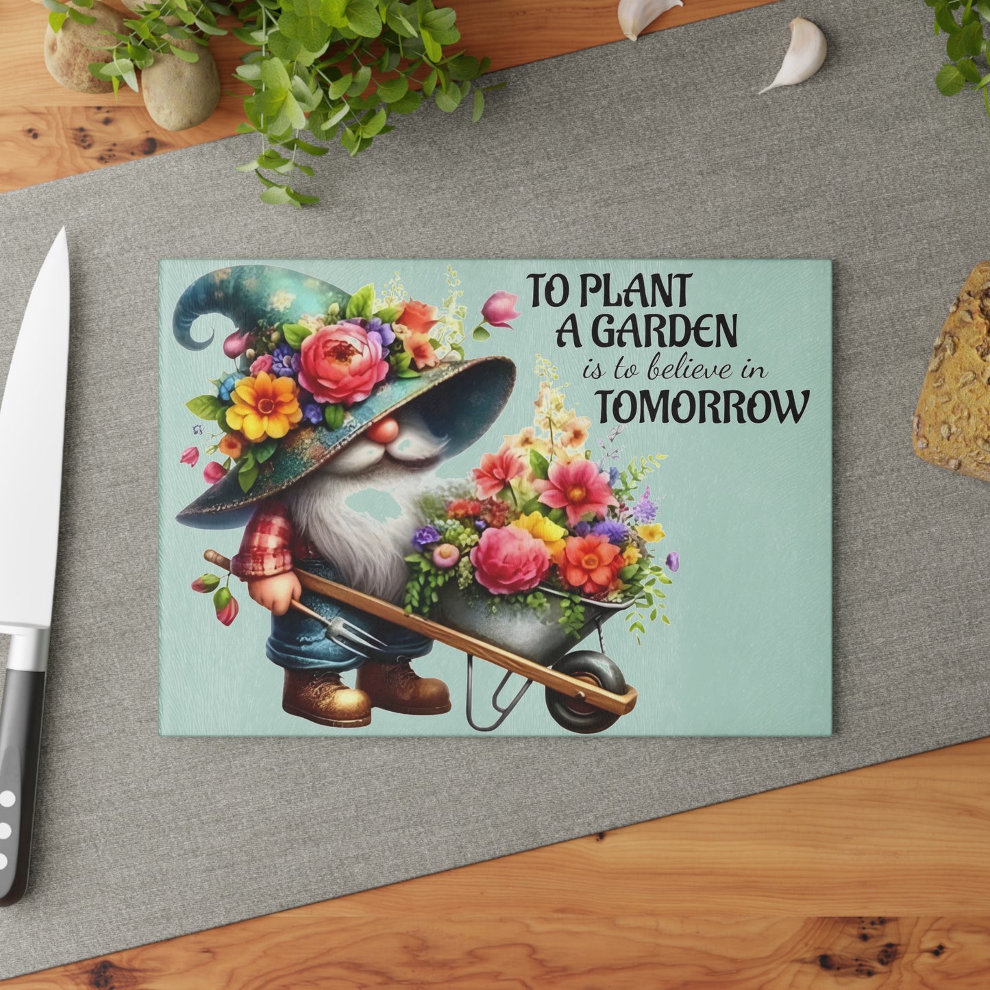 🌸🧙♂️ Garden Gnome Floral Cutting Board – Whimsical Kitchen Décor with Inspirational Quote 🌿✨