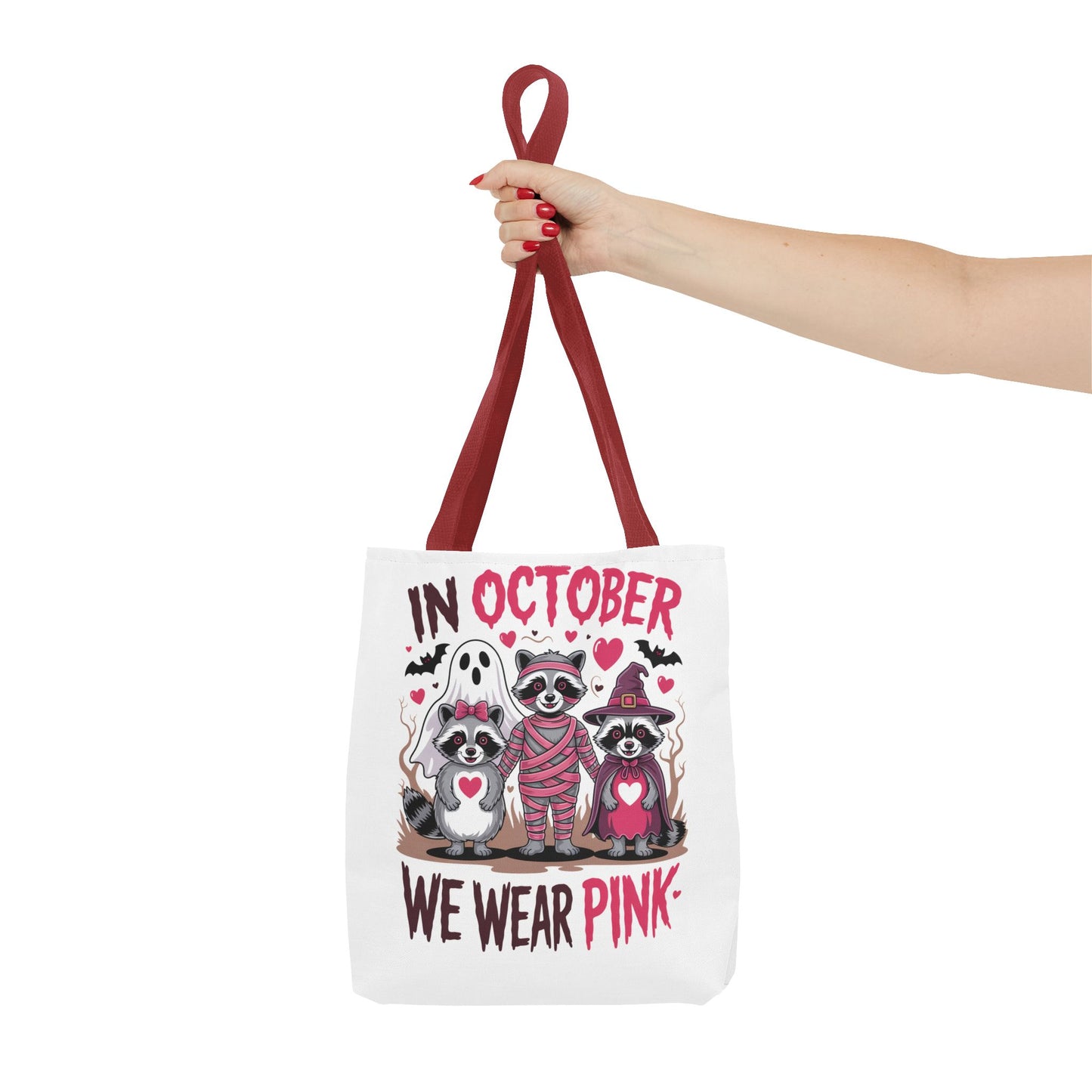 🎀 In October We Wear Pink Raccoon Halloween Tote Bag – Spooky Cute Awareness Style 🦝👜