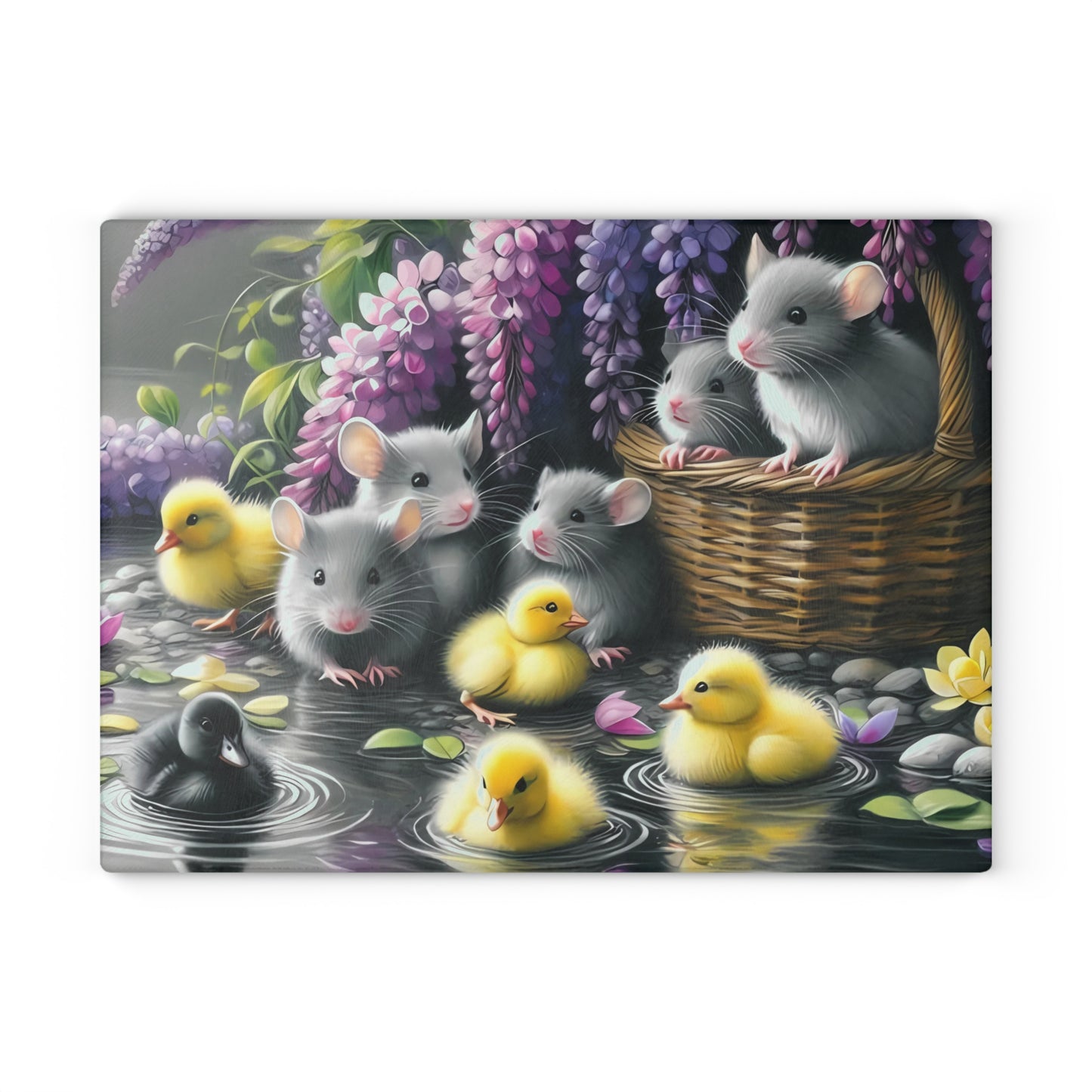 Tabla de cortar con patitos y ratones en un jardín primaveral: decoración de cocina de vidrio con un toque caprichoso