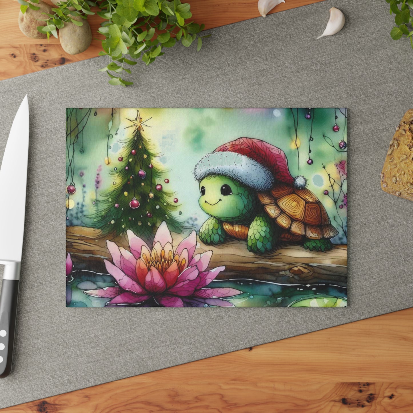 ๐ข๐ Merry Little Turtle โ Christmas Lotus Tempered Glass Cutting Board